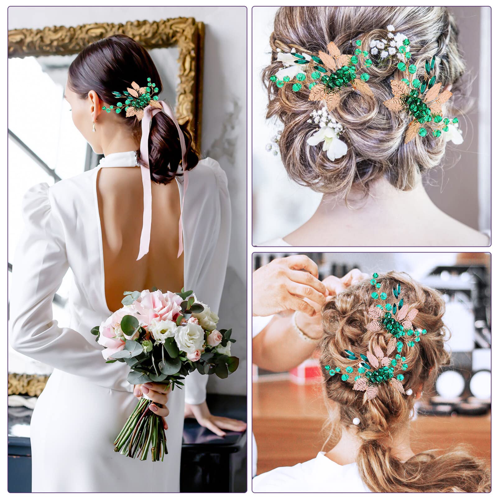 Minkissy 2Pcs Green Crystal Bridal Hair Combs - Gold Leaf Vine Hair Clips for Women & Girls | Wedding Headdress Accessories for Bridesmaids, Prom, and Special Occasions