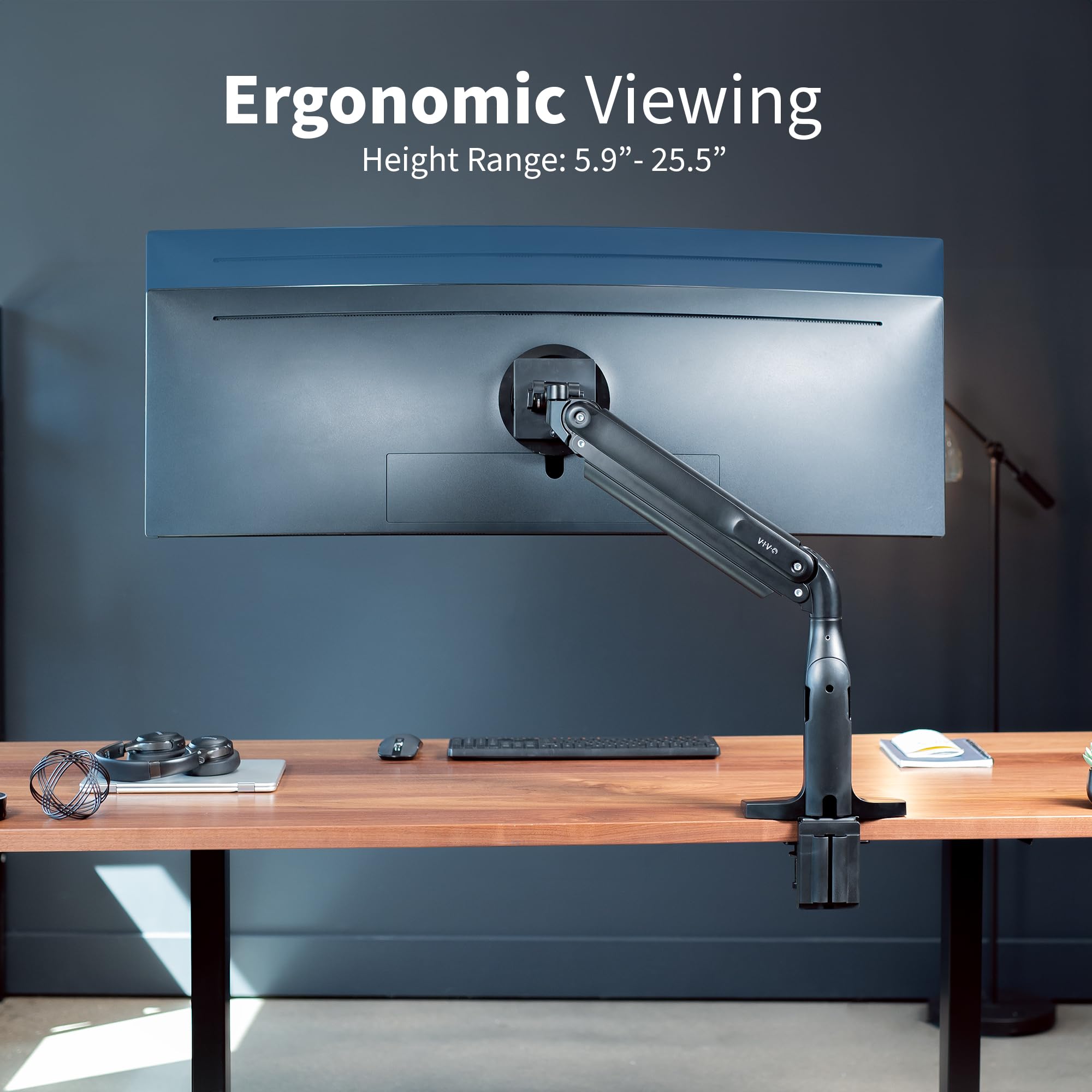 VIVO Aluminum Single Monitor Arm Stand for 13-49 Inch Ultrawide Screens, Adjustable Pneumatic Articulating Mount with USB Ports, Clamp-on Desk Stand, Max VESA 200x100 (Black) - Perfect for Home Office, Gaming Setup & Workspace Ergonomics