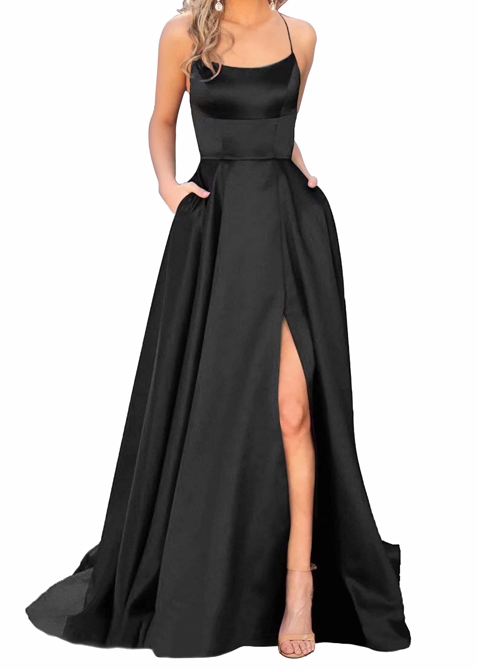 Elegant Split Formal Evening Gowns with Spaghetti Straps - Satin Prom Dresses for Women with Pockets - Perfect for Homecoming, Prom Night & Black Tie Events