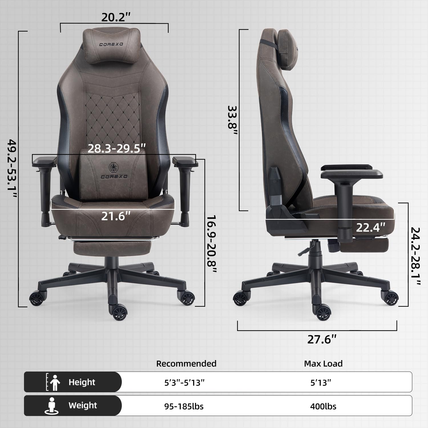 Premium High Back Leather Gaming Chair for Adults - Heavy Duty Ergonomic Office & Video Game Chair with Footrest - 400lbs Weight Capacity (Brown) - Perfect for Esports, Streaming & Home Office Workspaces