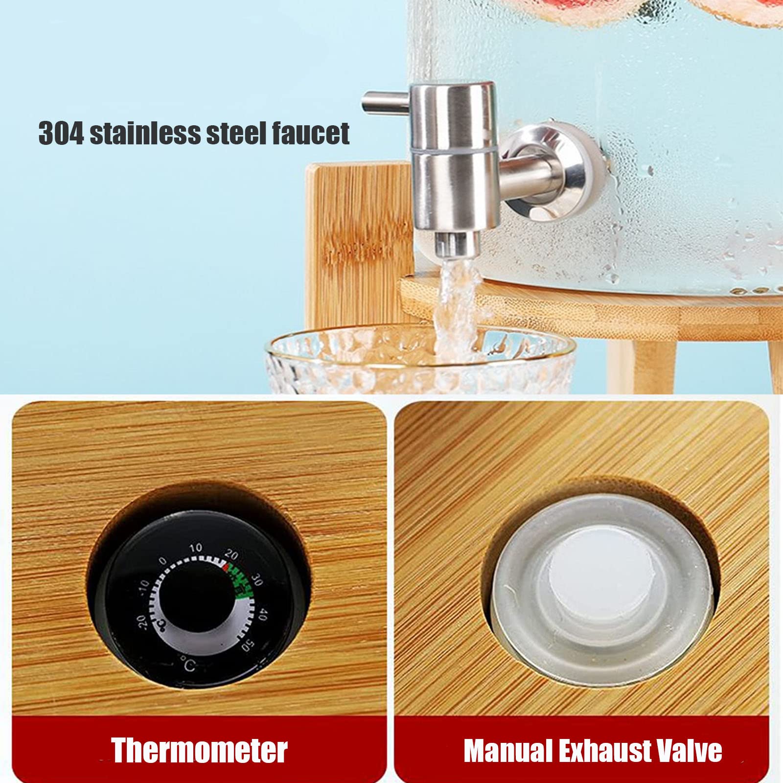 Premium 7.5L Glass Drink Dispenser with Wooden Stand - Stainless Steel Faucet & Airtight Bamboo Lid - Elegant Beverage Dispenser for Parties, Weddings, BBQs & Outdoor Events (20x20cm/8x8inch) - Perfect for Lemonade, Iced Tea & Cocktails