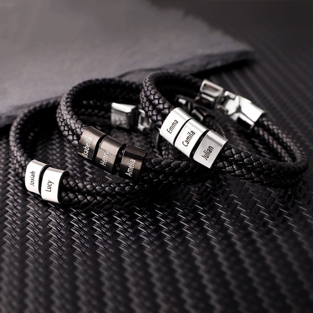 Custom Engraved Men's Leather Bracelet - Personalized Black Braided Cuff with 1-8 Name Beads | Unique ID Bracelet for Men | Perfect Gift for Father's Day, Anniversary & Everyday Wear