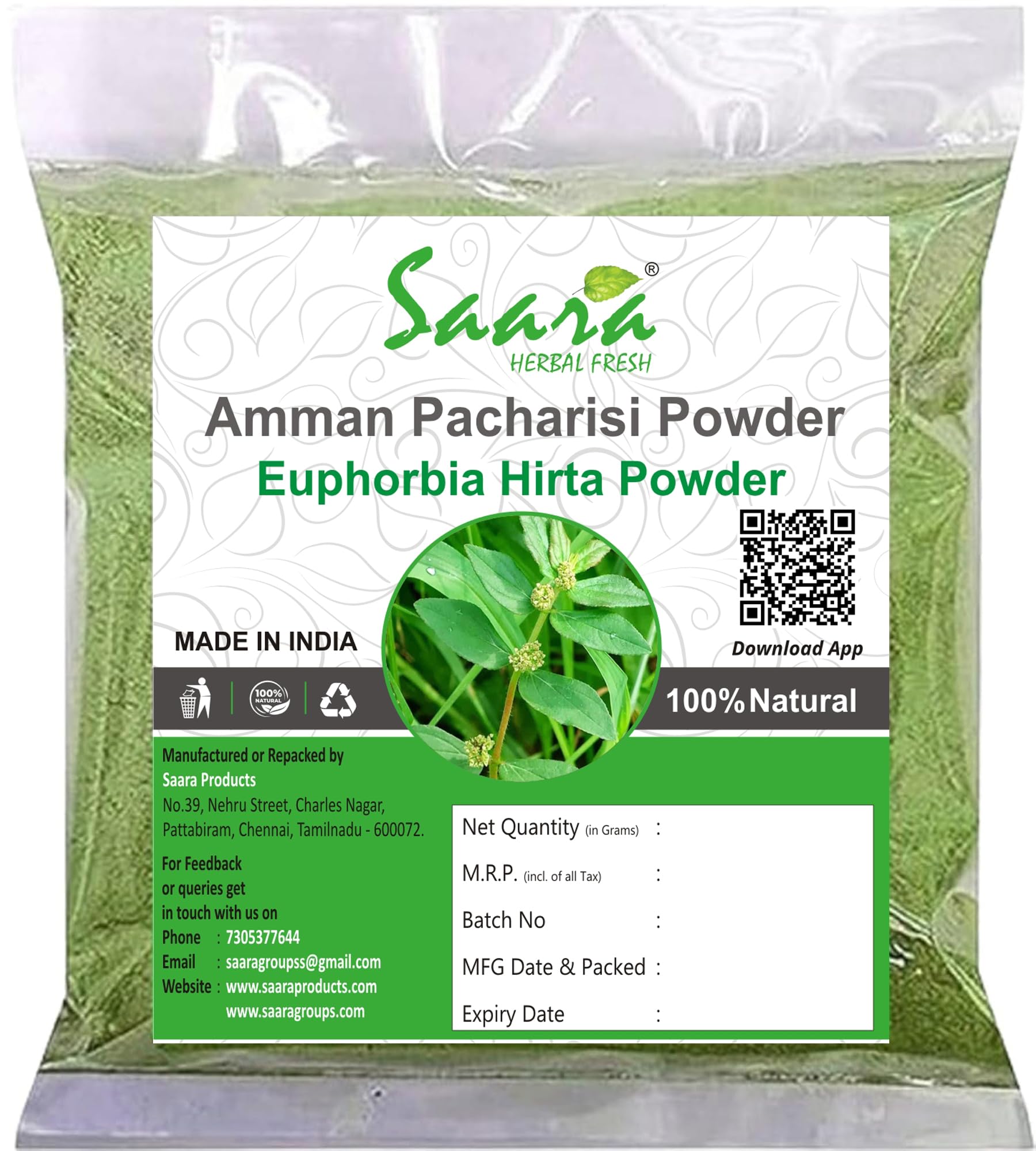 Saara HERBAL FRESH Amman Pacharisi Powder 51g | Euphorbia Hirta Powder | Dudhi Powder for Warts, Pimples & Wound Care | Natural Herbal Remedy for Skin Issues | Pack of 1 X 51g | Perfect for Daily Skincare & First Aid