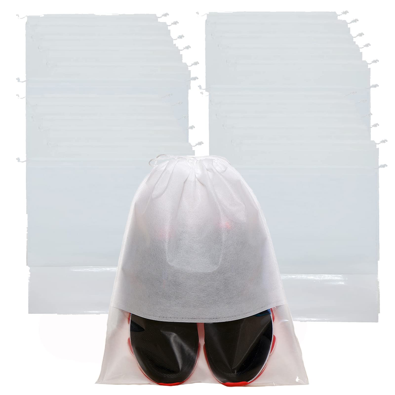 24-Pack Clear Drawstring Travel Shoe Bags for Men & Women - Reusable Shoe Storage Organizers for Suitcases, Gym, Vacation Packing & Closet Organization