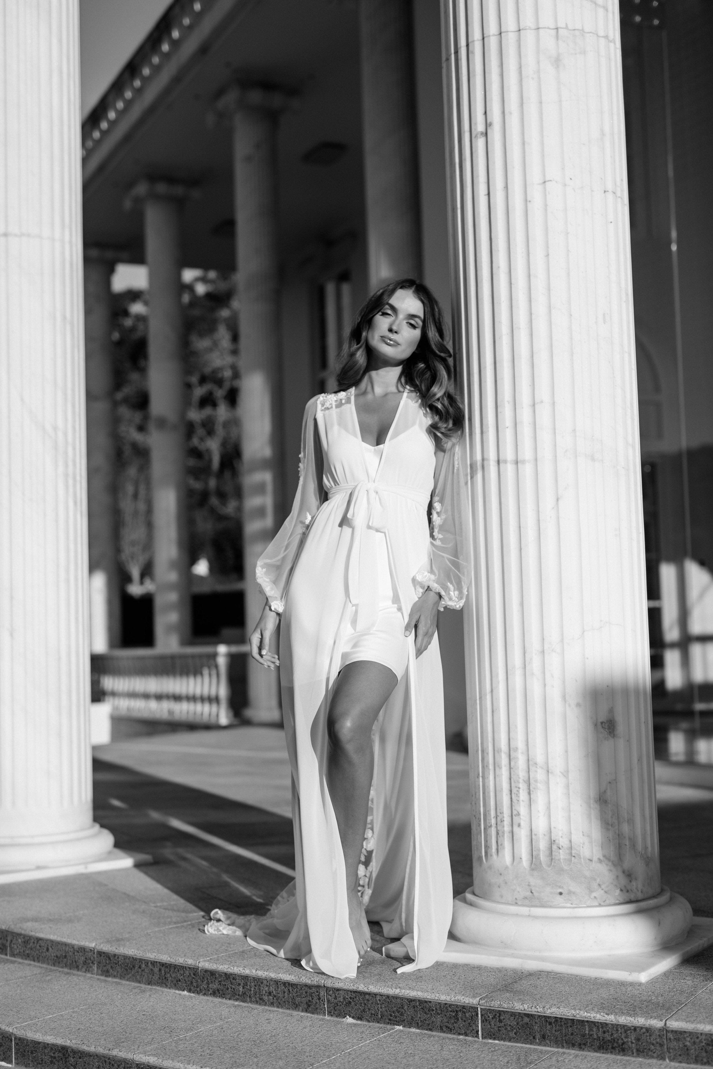 Amara Beaded Floral Lace Maxi Bridal Robe with Train & Slip - Elegant Wedding Gown for Bride, Bridesmaids & Photoshoots | Perfect for Ceremony, Reception & Honeymoon