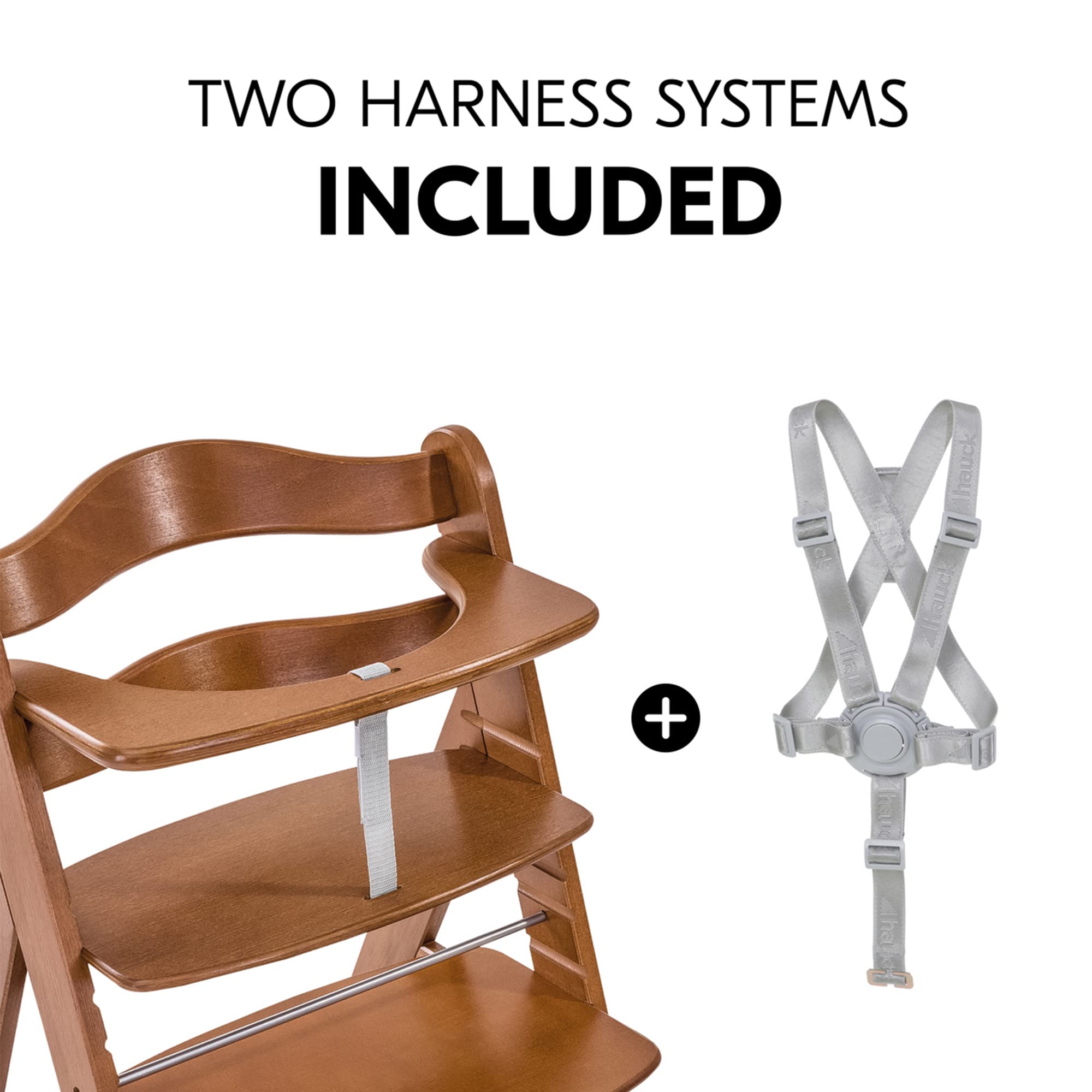 Hauck Alpha+ Adjustable Wooden Booster High Chair for Babies & Toddlers - 5-Point Safety Harness, Bumper Bar, Solid Beechwood (Walnut) - Perfect for Dining, Kitchen, and Family Meals