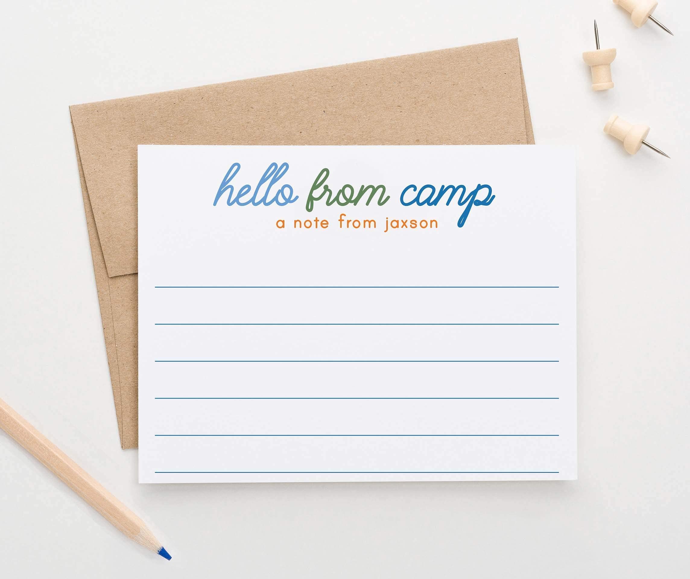 Personalized Boys Camp Stationery Set - Flat Note Cards & Envelopes for Kids | Custom Colors & Quantities | Perfect for Birthday Gifts, Thank You Notes & Summer Camp Letters