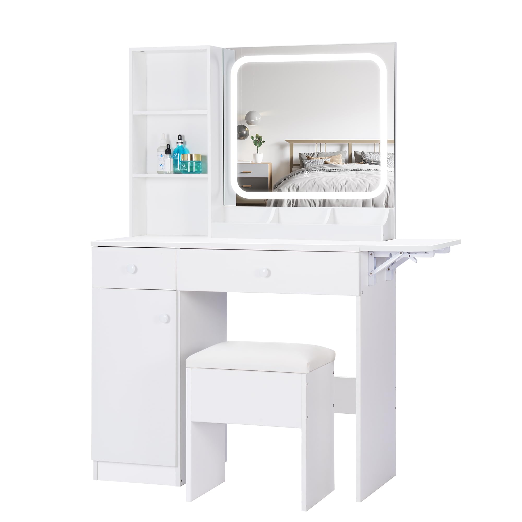 White Vanity Desk with LED Lights & Mirror - Makeup Vanity Table with Charging Station, Storage Drawers & Adjustable Stool - Perfect for Bedroom, Dressing Room & Home Office Organization