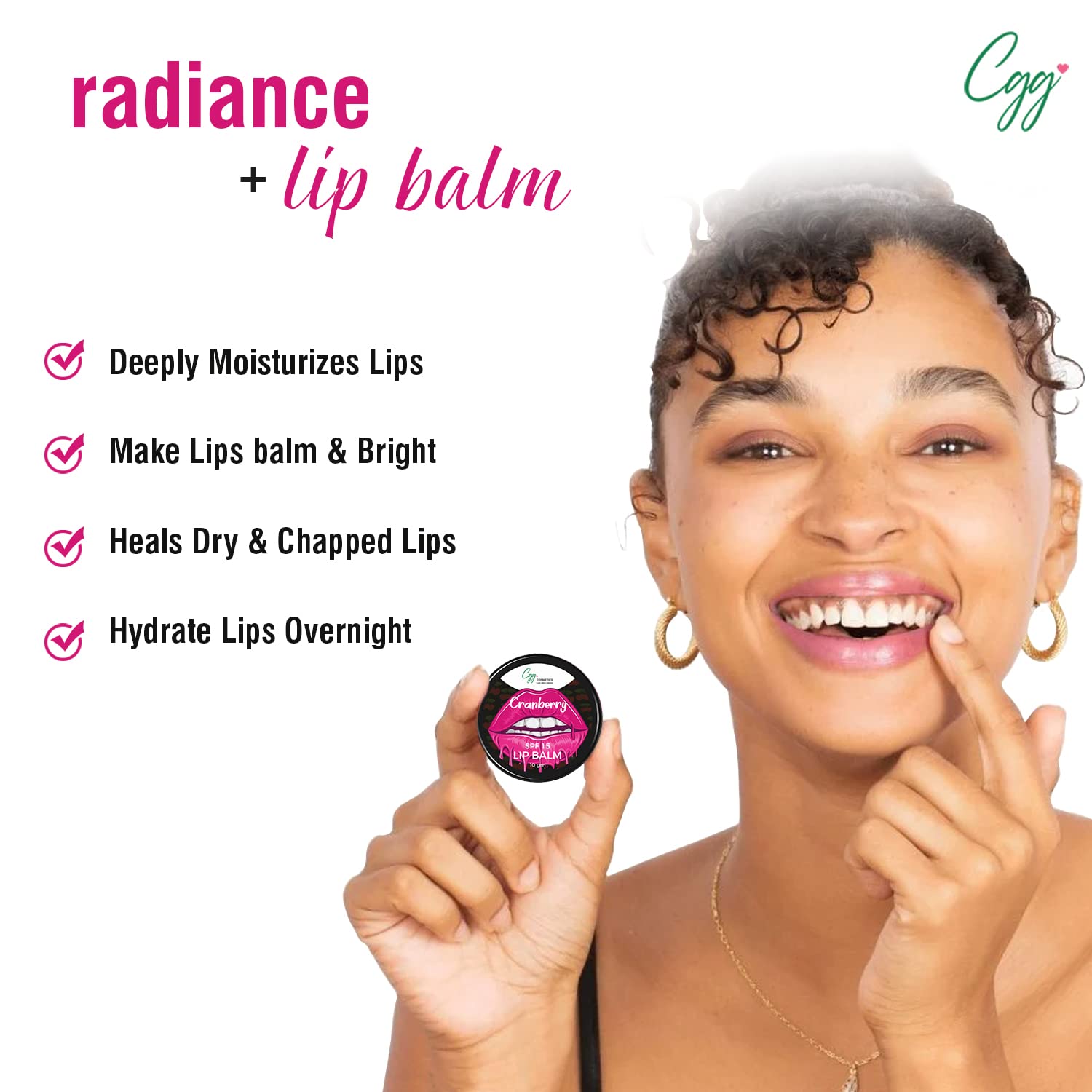 CGG Cosmetics Cranberry Lip Balm with SPF 15 - Moisturizing & Nourishing for Soft Pink Lips | Vitamin C+E Formula | Lightens Dark Lips & Reduces Pigmentation | 10g Tinted Lip Care | Perfect for Daily Sun Protection & Natural Lip Enhancement