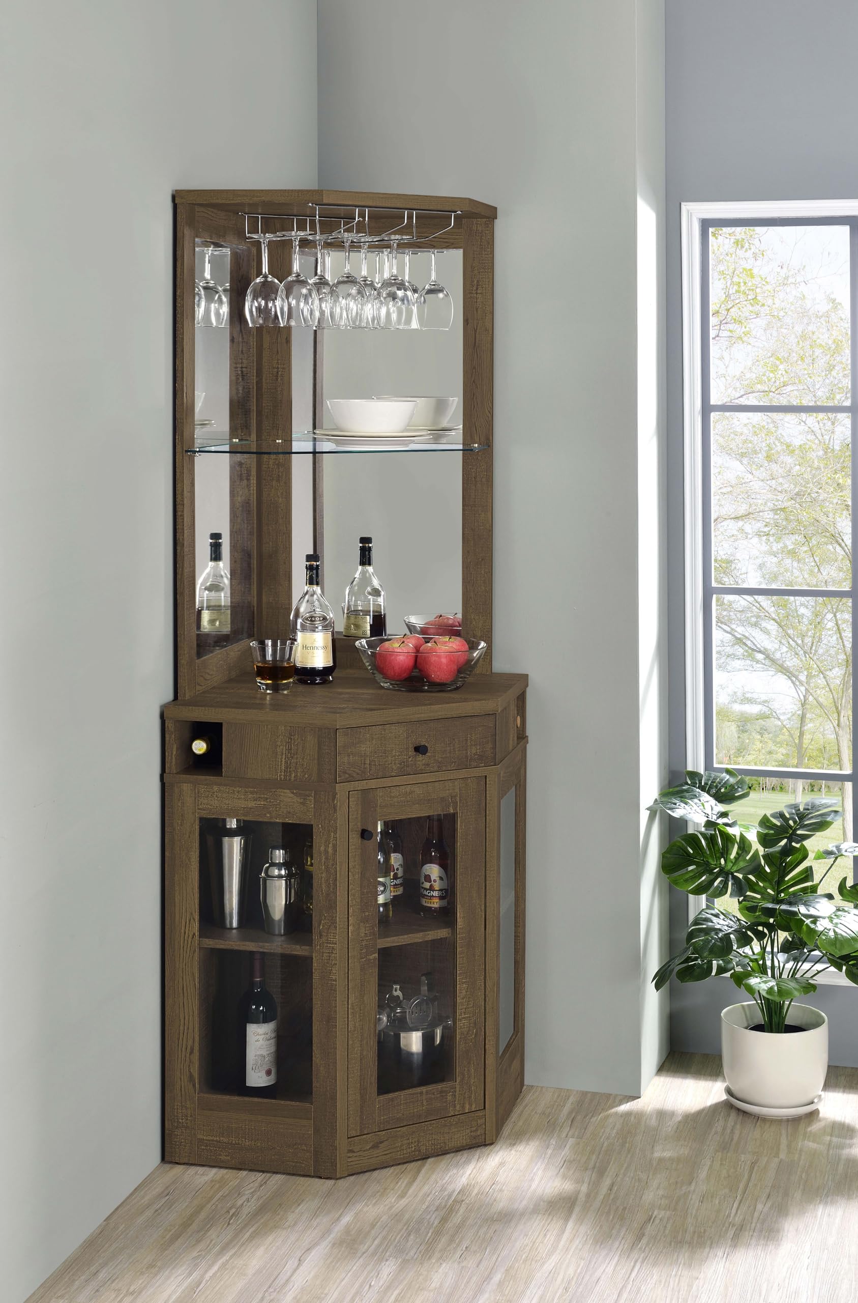 Rustic Oak Bar Cabinet with Stemware Rack - Coaster Furniture 182303 - Perfect for Home Bars, Dining Rooms & Entertaining Spaces