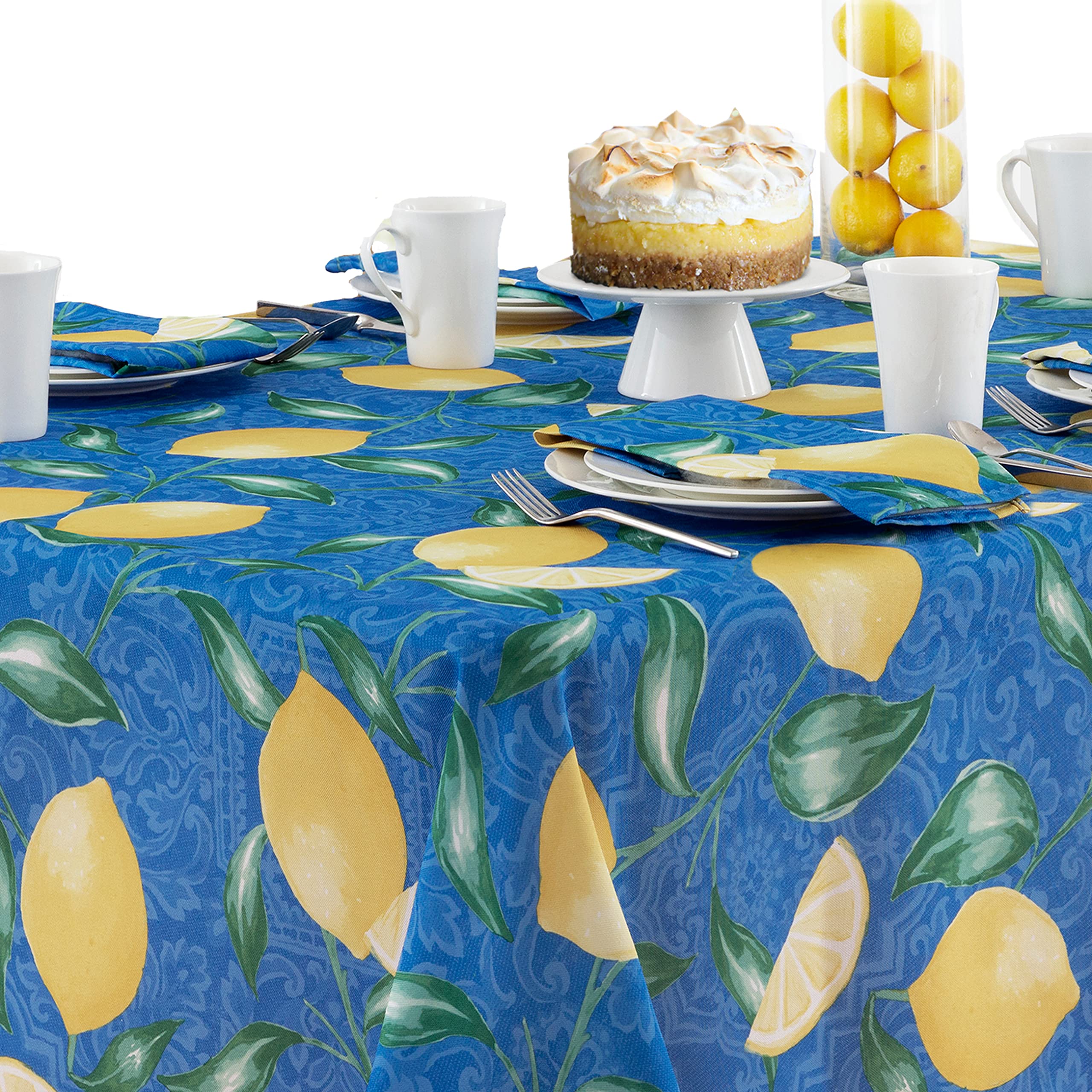 Newbridge Mediterranean Lemon Zest Tablecloth - French Provence Blue & Yellow Lemon Print - Water & Stain Resistant Fabric for Indoor/Outdoor Use - 52x70 Inch Rectangle - Perfect for Picnics, Patio Dining & Kitchen Decor