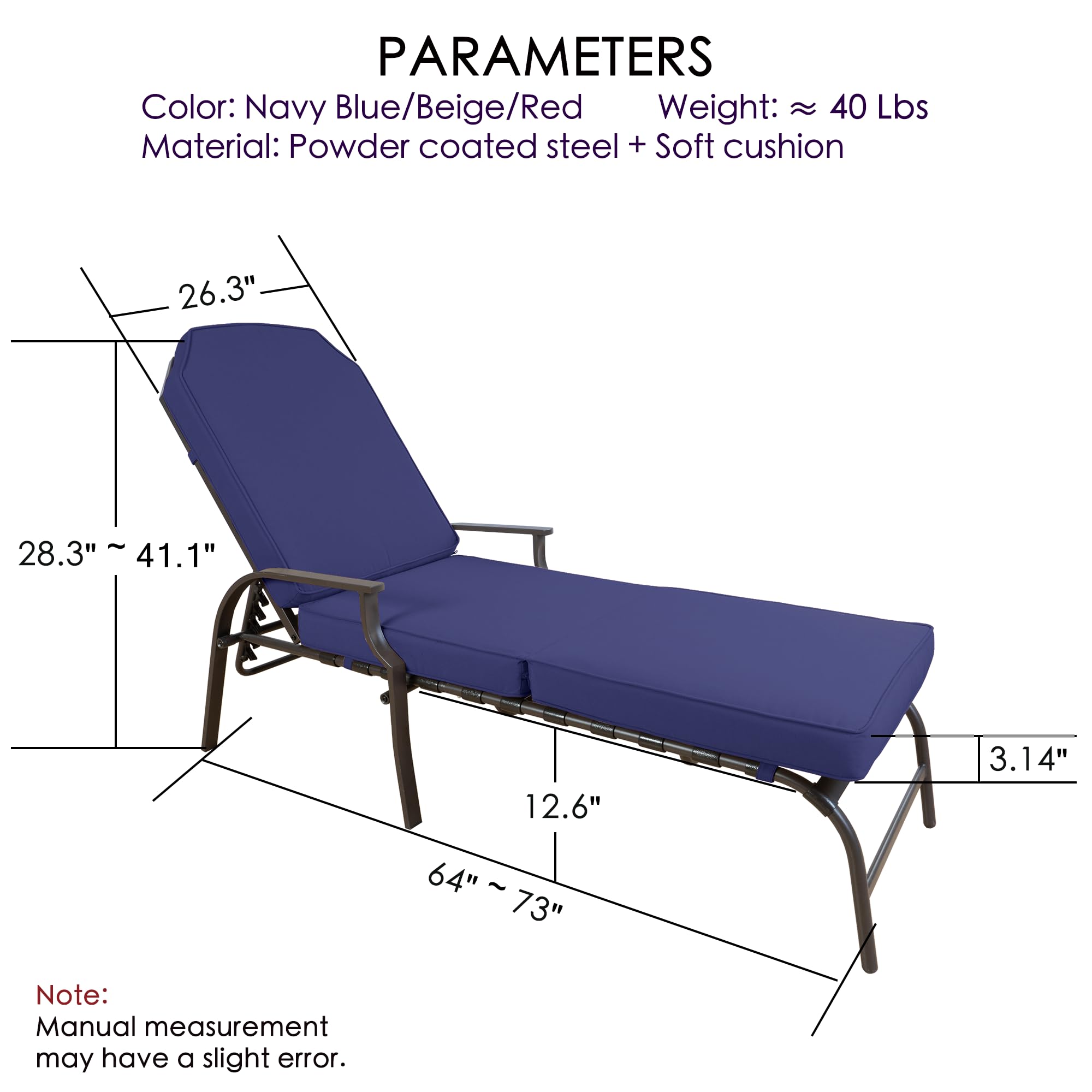 Kozyard Maya Chaise Lounge - Outdoor Patio Recliner Chair with Adjustable Backrest, Water-Resistant Navy Blue Fabric, Comfortable Patio Lounge Chair for Poolside, Garden, Deck & Backyard Relaxation