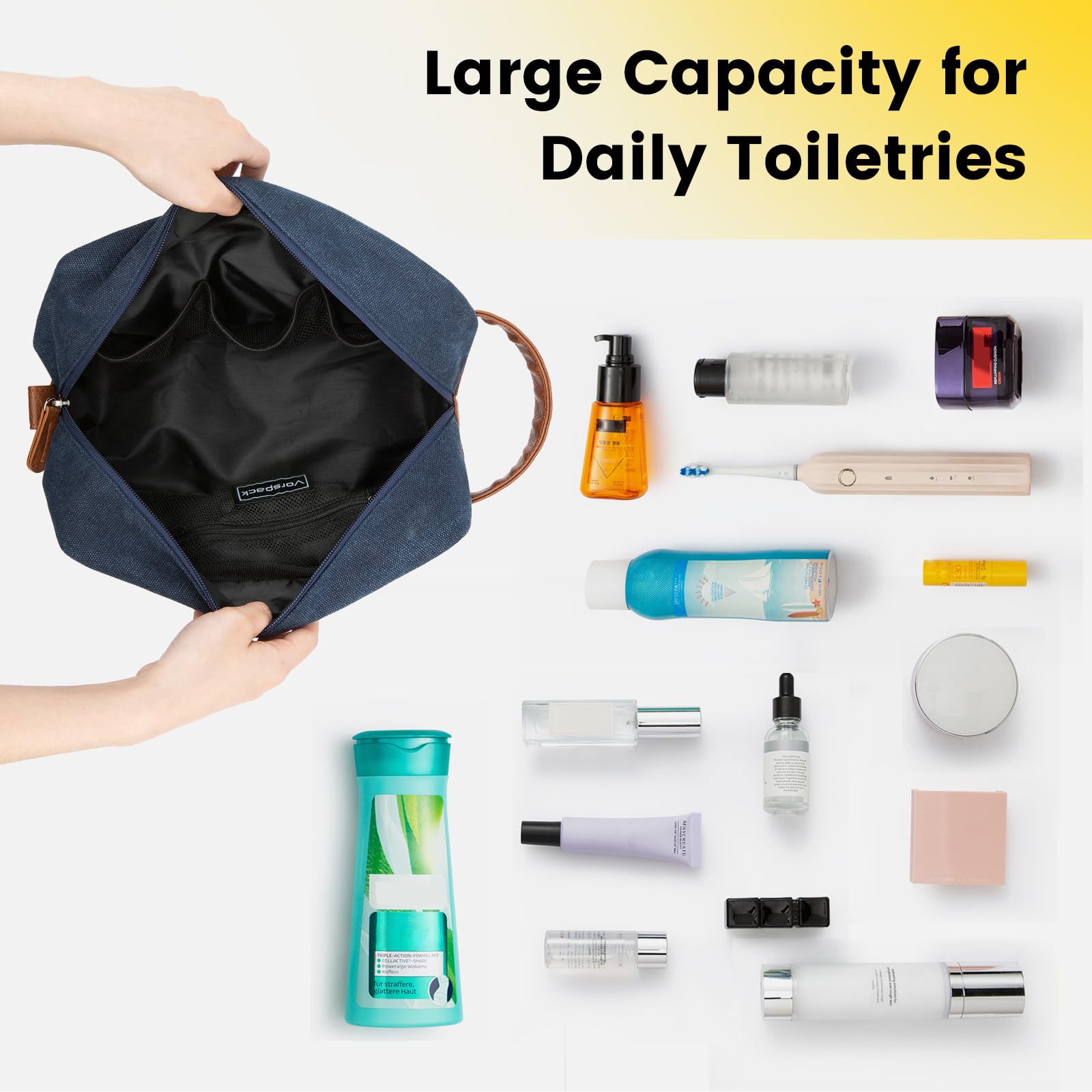 Vorspack Waterproof Hanging Toiletry Bag for Men - Large Capacity Travel Dopp Kit, Durable Canvas Shaving Organizer (Navy Blue) - Perfect for Camping, Gym & Business Trips