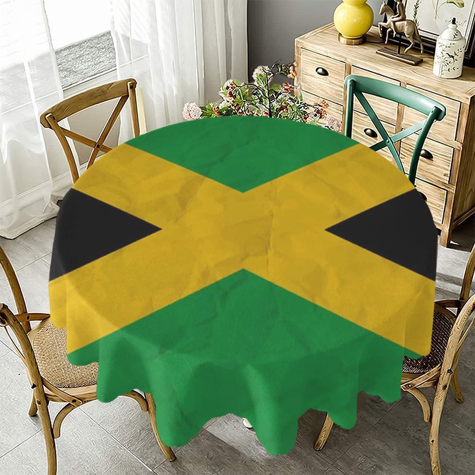 Vintage Jamaican Flag Round Tablecloth - 70 Inch Waterproof & Spillproof Washable Polyester Fabric - Perfect for Kitchen, Dining Room, Wedding, and Outdoor Party Decor