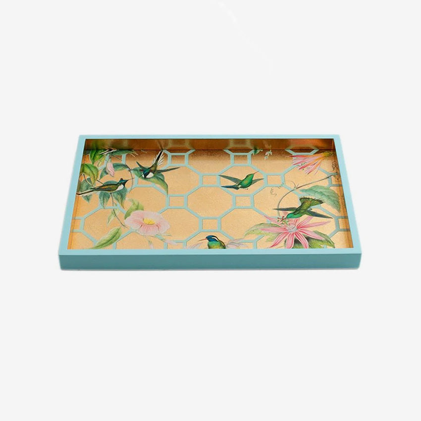 Caspari Hummingbird Trellis Lacquer Vanity Tray - Elegant Jewelry & Perfume Organizer for Dresser, Bathroom Countertop & Vanity Table Decor