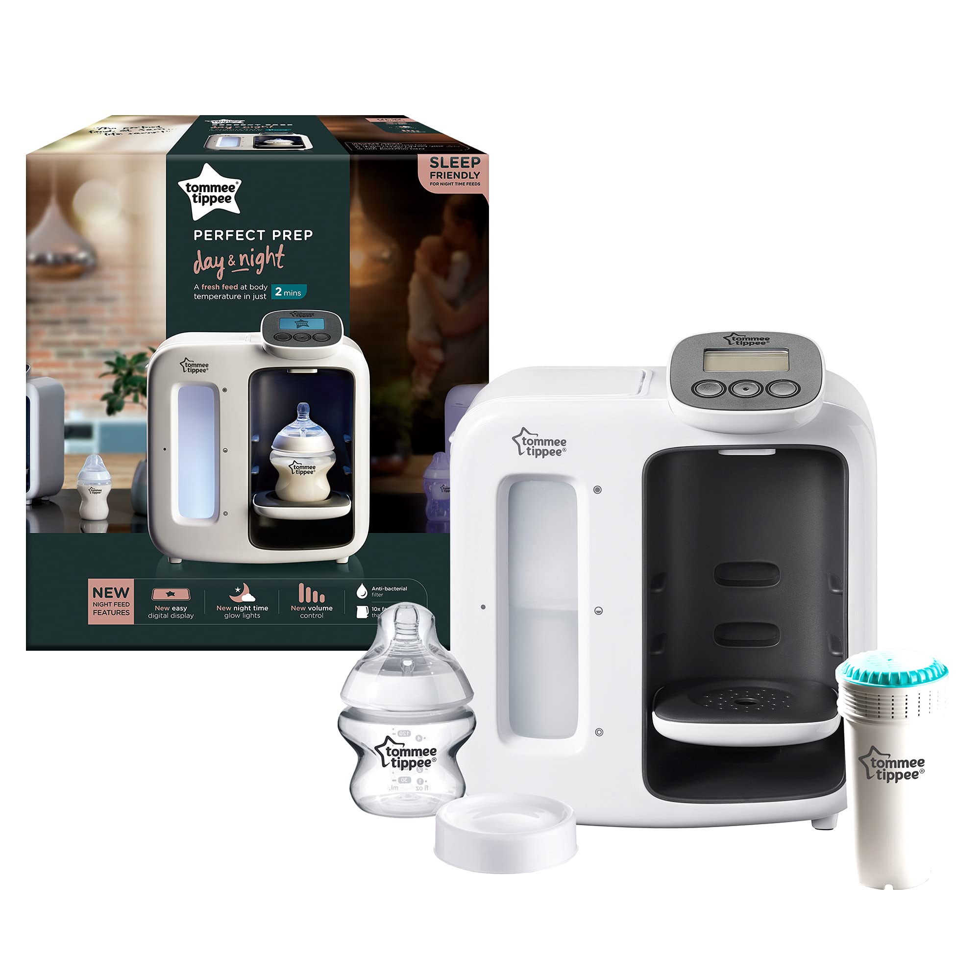 Tommee Tippee Perfect Prep Day & Night Baby Bottle Maker Machine - Digital Display & Adjustable Volume - White - Ideal for Night Feedings & On-the-Go Parents