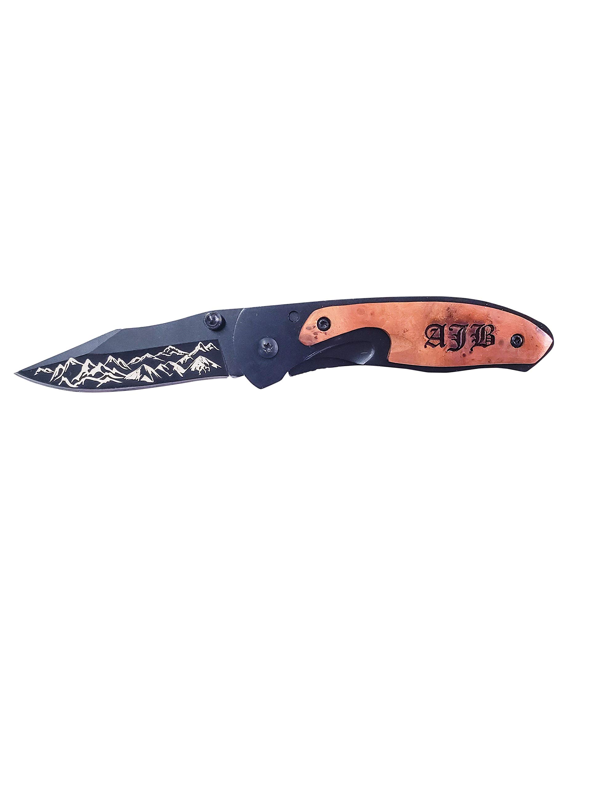 Personalized Outdoor Knife with Laser Engraved Mountain Design - Perfect Gift for Boyfriend, Camping, Hiking & Survival Gear - Compact Wooden Handle Tactical Knife for Adventurers