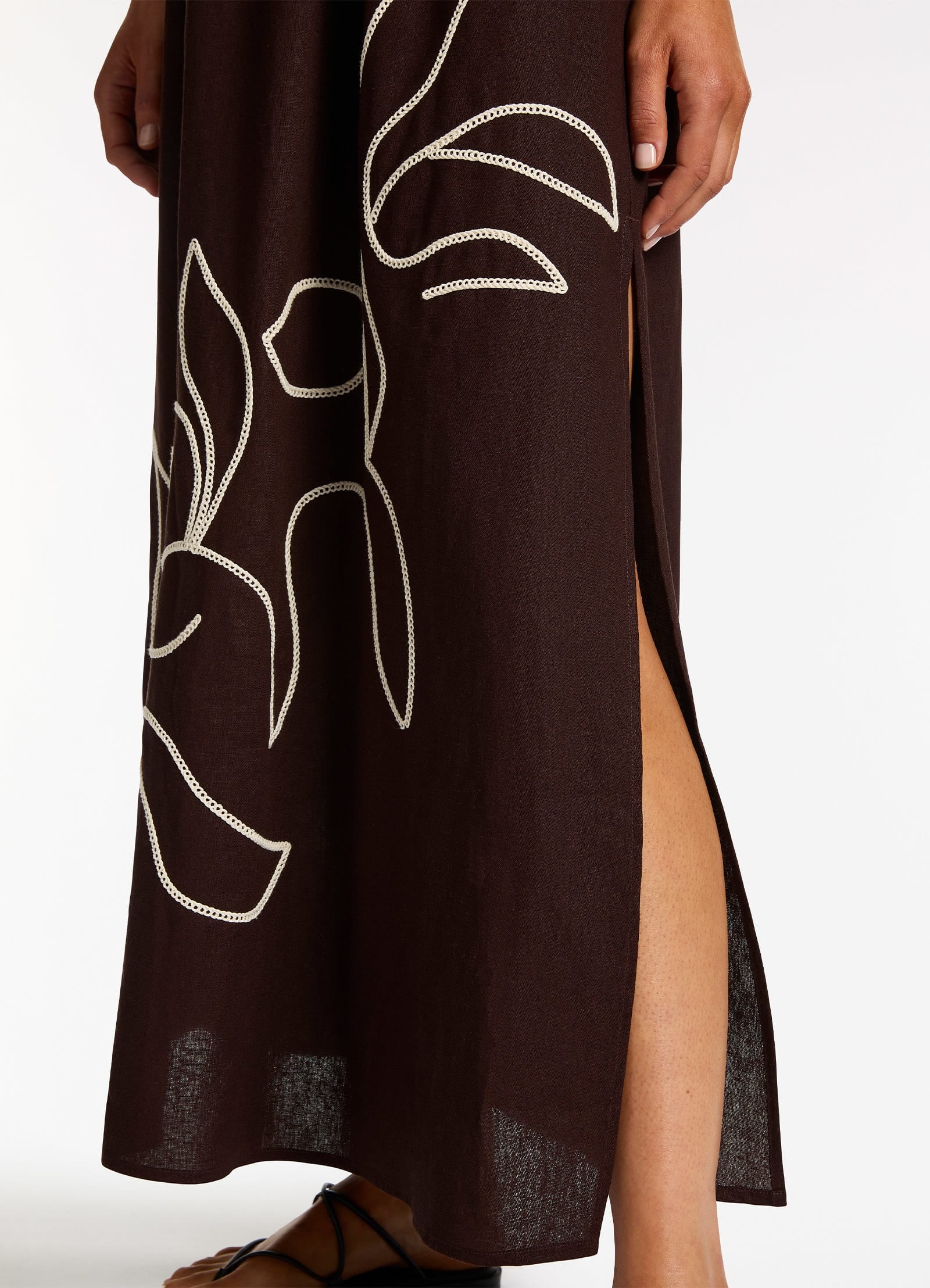 Dahlia Palm Embroidered Maxi Dress in Chocolate - Elegant Floral Summer Beach Dress for Women, Perfect for Vacation, Wedding Guest & Boho Chic Outfits