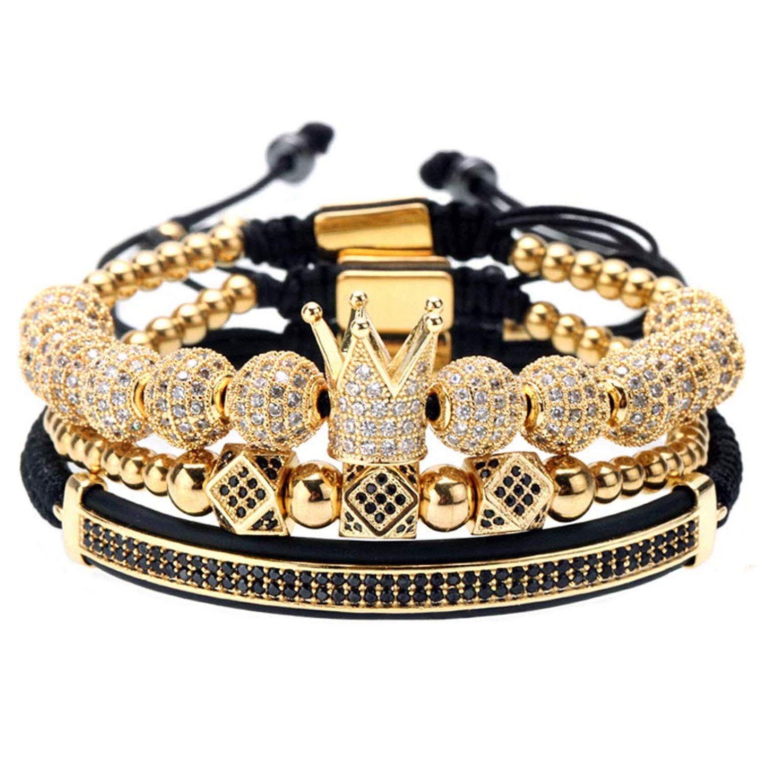 Luxury CZ Imperial Gold Crown Bracelet Set - King Royal Style 8mm Zirconia Beads Braided Bangle for Men - Perfect for Weddings, Parties & Royal-Themed Events