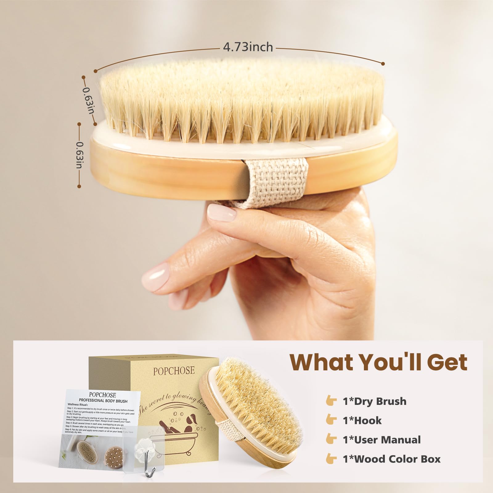 POPCHOSE Dry Brushing Body Brush - Natural Bristle Exfoliating Brush for Flawless Skin, Cellulite Reduction & Lymphatic Drainage | Improves Blood Circulation & Skin Texture | Perfect for Spa Days, Self-Care Routines & Detox Therapy