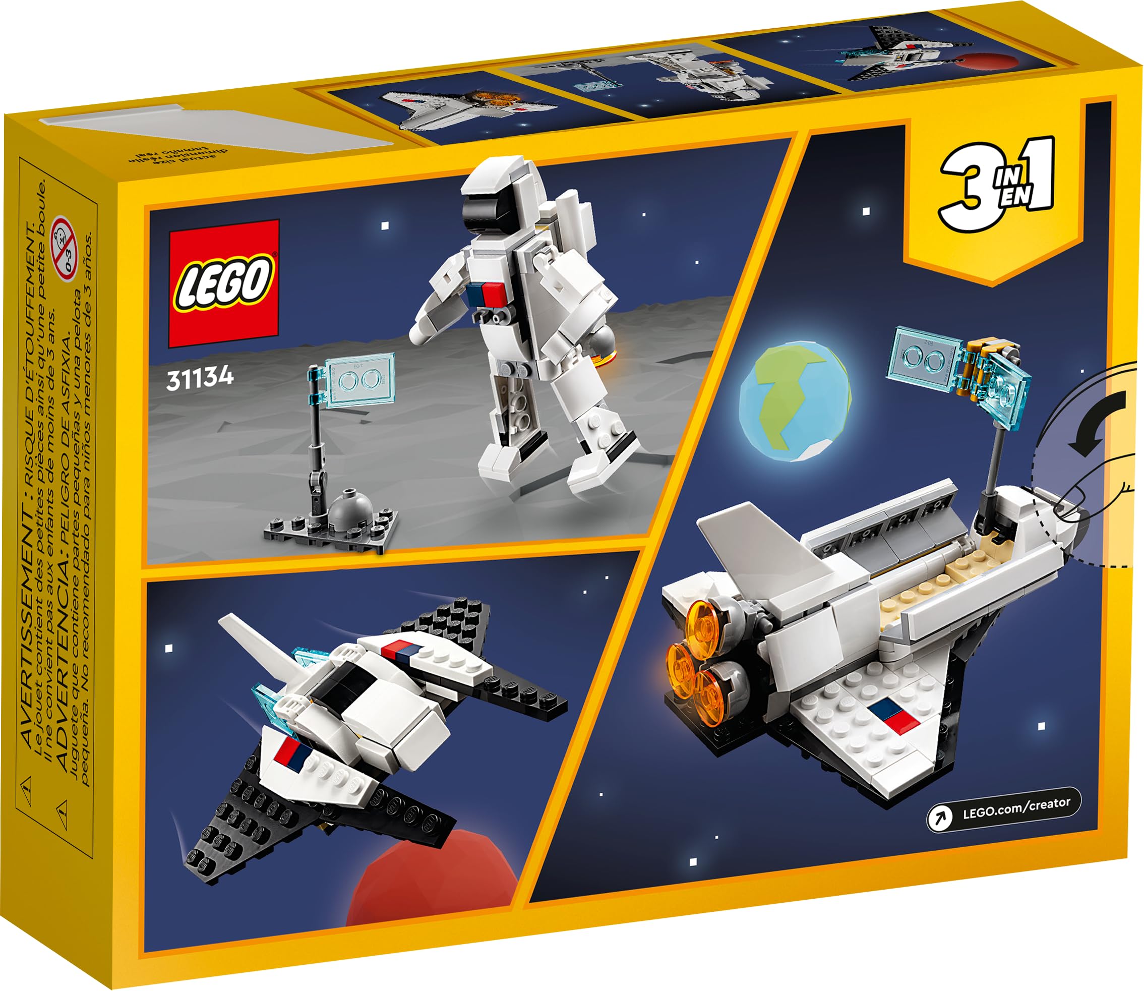 LEGO Creator 3-in-1 Space Shuttle Building Kit - STEM Educational Toy for Kids Ages 6+ | Build Spaceship, Astronaut or Space Station | Perfect Birthday & Holiday Gift for Boys & Girls - 31134 | Fun Space Exploration Play for Creative Learning