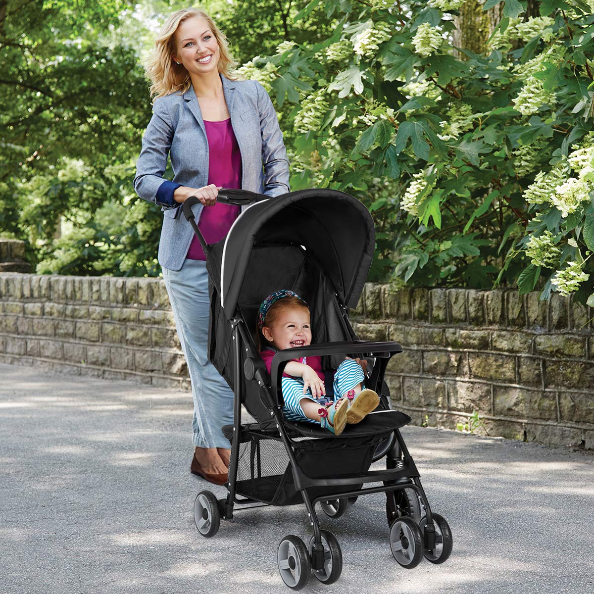 **Baby Joy Lightweight Compact Stroller for Toddlers & Infants - Adjustable Backrest, Footrest & Canopy, 5-Point Safety Harness, Storage Basket, Easy One-Hand Fold - Perfect for Airplane Travel, Shopping & Daily Walks (Black)**