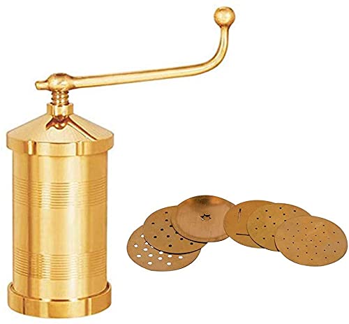 Brass Chakali Maker Machine for Sev, Sancha, Pasta, Gathiya, Murukulu & Janthikulu - 6 Different Jali Attachments Included | Perfect for Indian Snacks, Festivals & Home Cooking