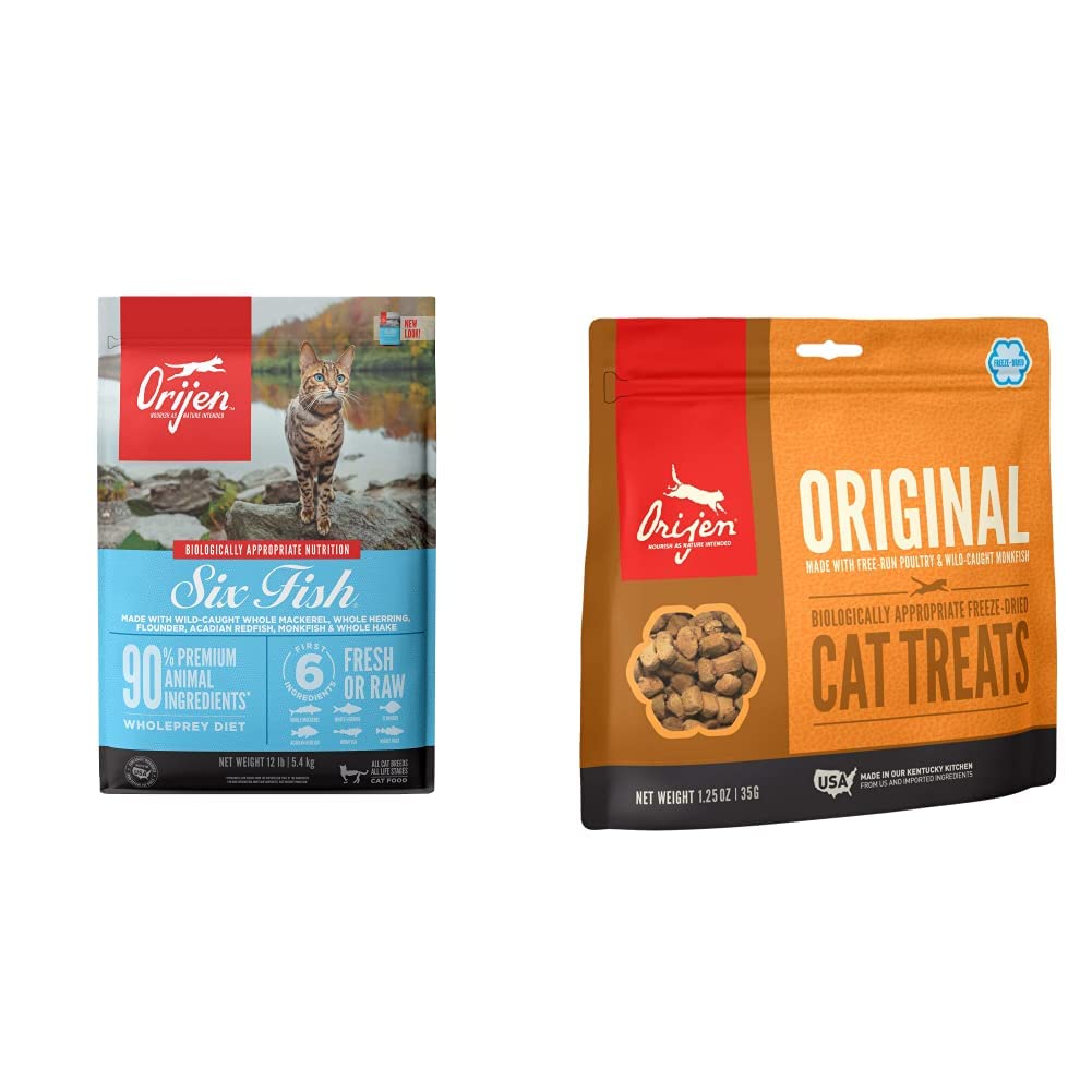 ORIJEN® Grain Free Premium High Protein Dry Cat Food with Fresh & Raw Animal Ingredients - Six Fish Recipe, 12lb Bag | Freeze Dried Cat Treats, 1.25oz | Ideal for Indoor Cats & Weight Management