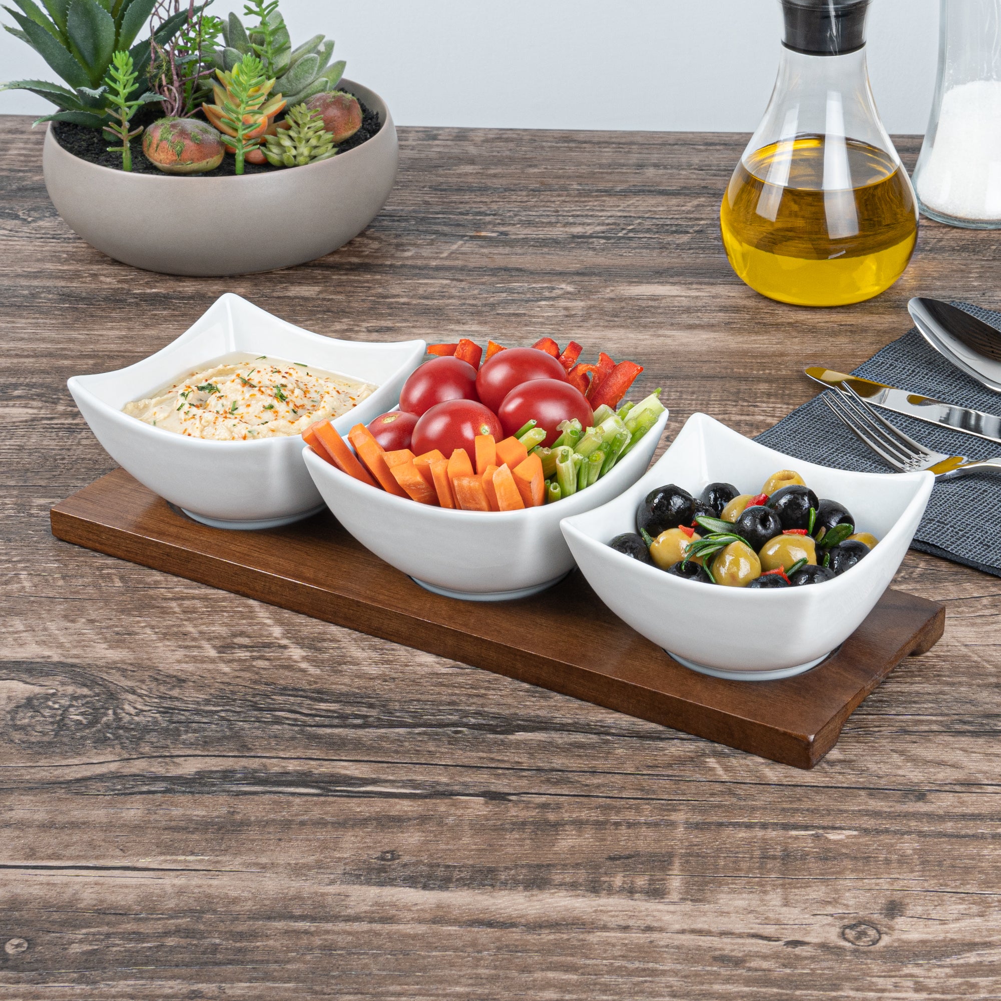 15 oz White Porcelain Cocktail Bowl Set with Bamboo Tray - 3 Rectangle Bowls (12x4x2.5 Inches) for Appetizers, Sushi & Party Snacks - Premium Dinnerware for Home & Restaurant Use