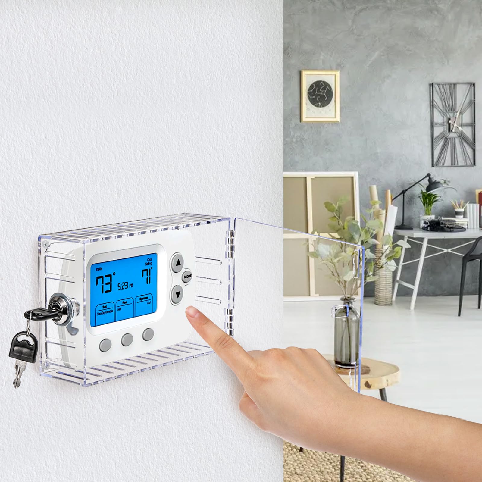 ZEAYEA 2-Pack Universal Thermostat Lock Box with Key - Clear Thermostat Guard for Wall-Mounted Thermostats, HVAC Control Cover Fits Units Up to 6