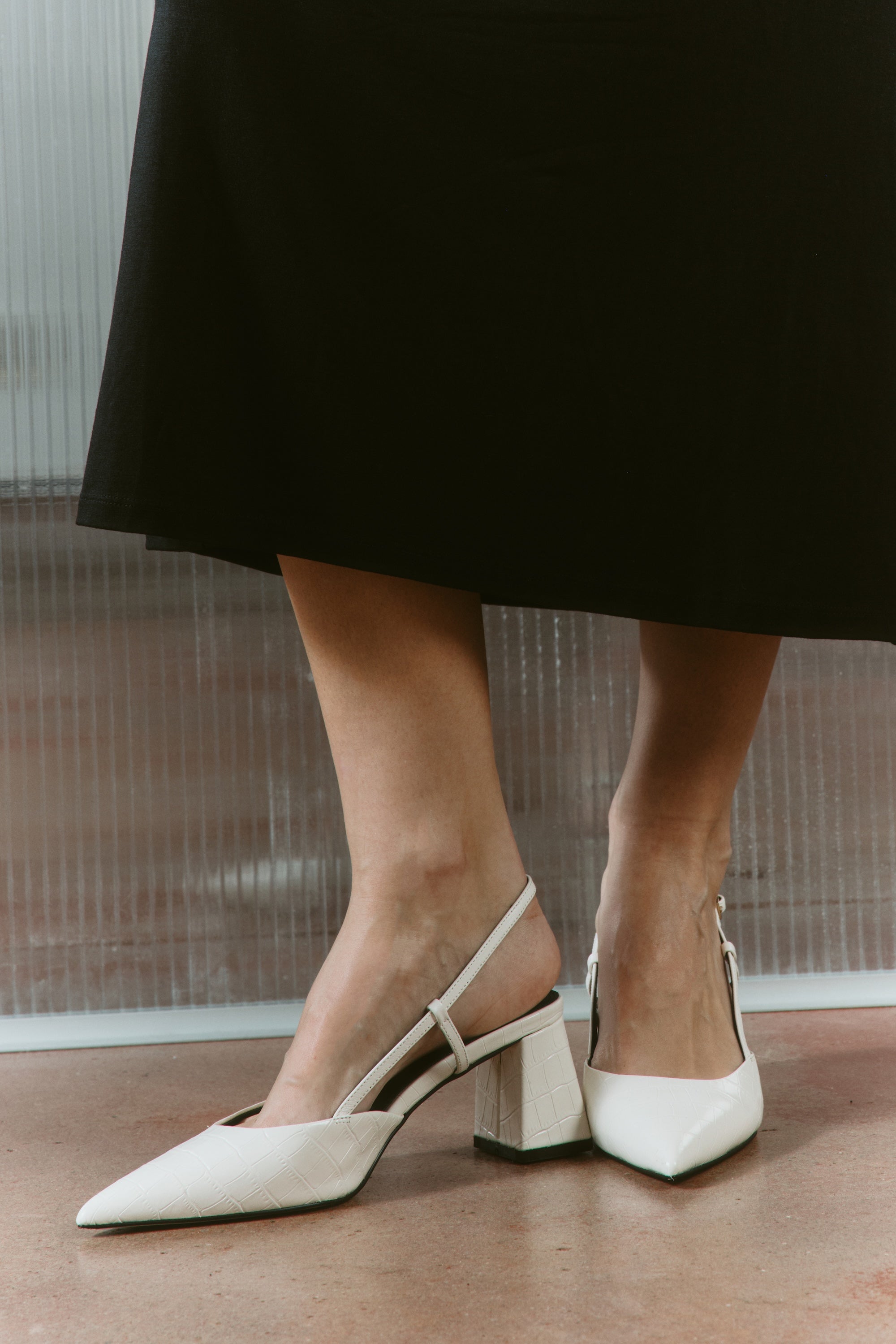 Yasmine Slingback Heels for Women - Chunky Block Heel Sandals in White Crocodile Embossed Leather | Perfect for Weddings, Parties & Office Wear