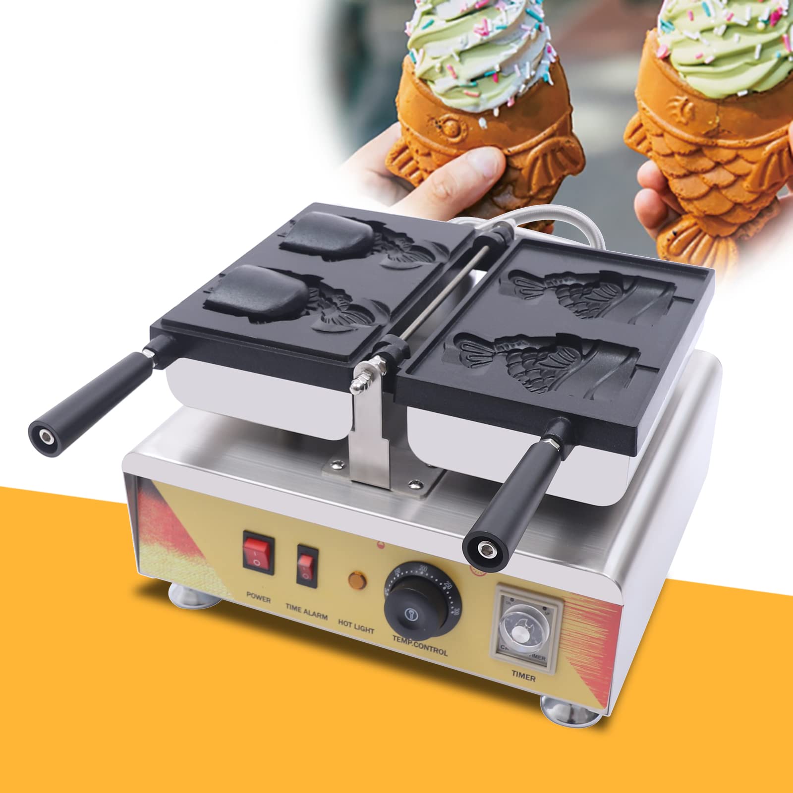 2-Piece Fish Shape Electric Waffle Maker for Ice Cream Cones - Commercial Grade Non-Stick Baking Pan with Fast Heating & Even Temperature - Energy Saving & Easy Clean - Perfect for Ice Cream Shops, Dessert Cafes & Home Baking