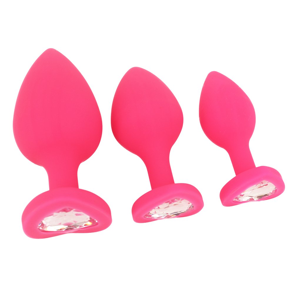 3PCS Anal Sex Trainer Kit - Heart Shaped Silicone Jeweled Butt Plugs for Beginners (Pink) | Comfortable & Safe Anal Play for Couples & Solo Use | Perfect for BDSM, Foreplay & Adult Intimacy