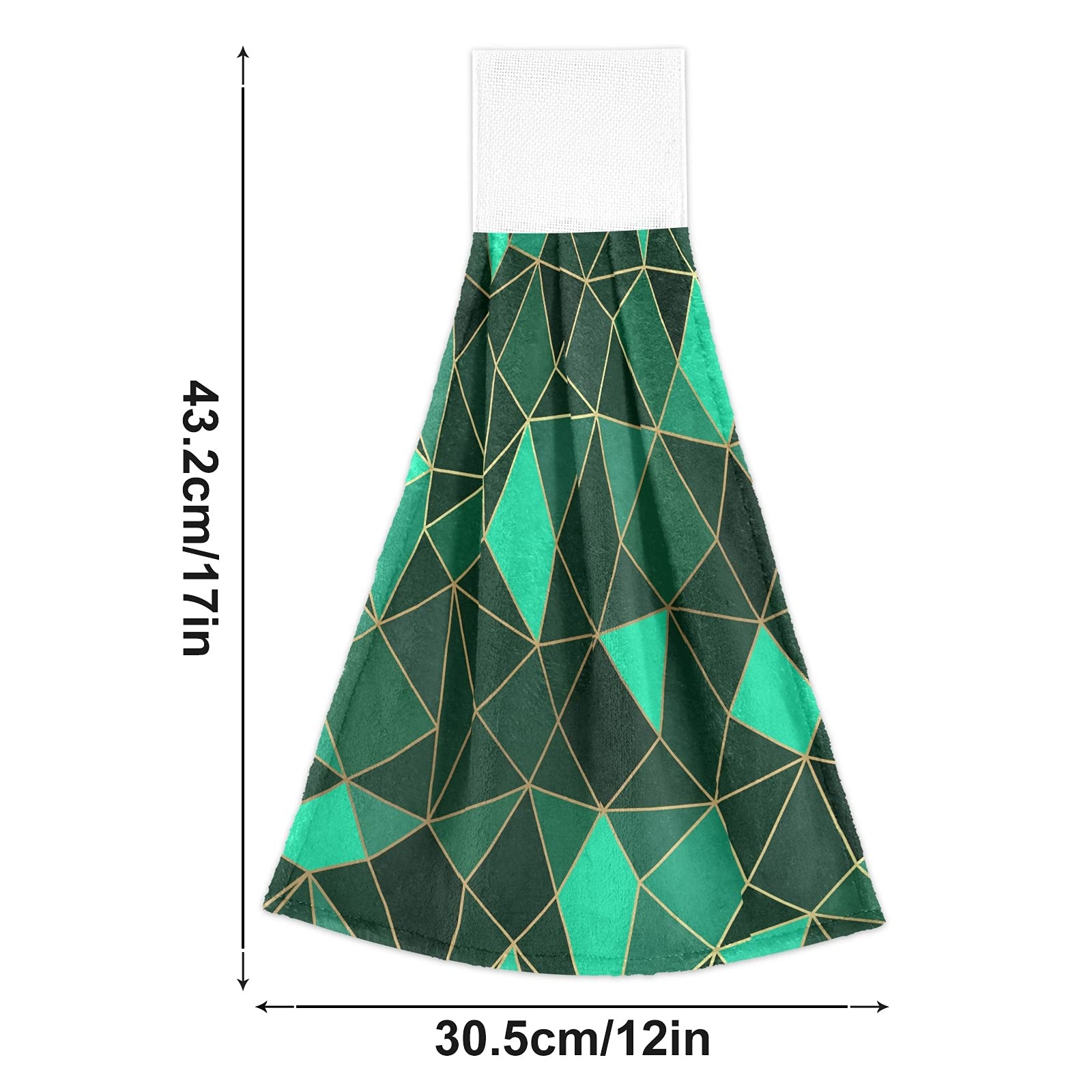 Poeticcity Luxury Emerald Geometric Diamond Gold & Green 2-Piece Kitchen Hand Towel Set with Hook & Loop - Absorbent Hanging Dishcloths for Tea Bar, Bath & Decorative Use
