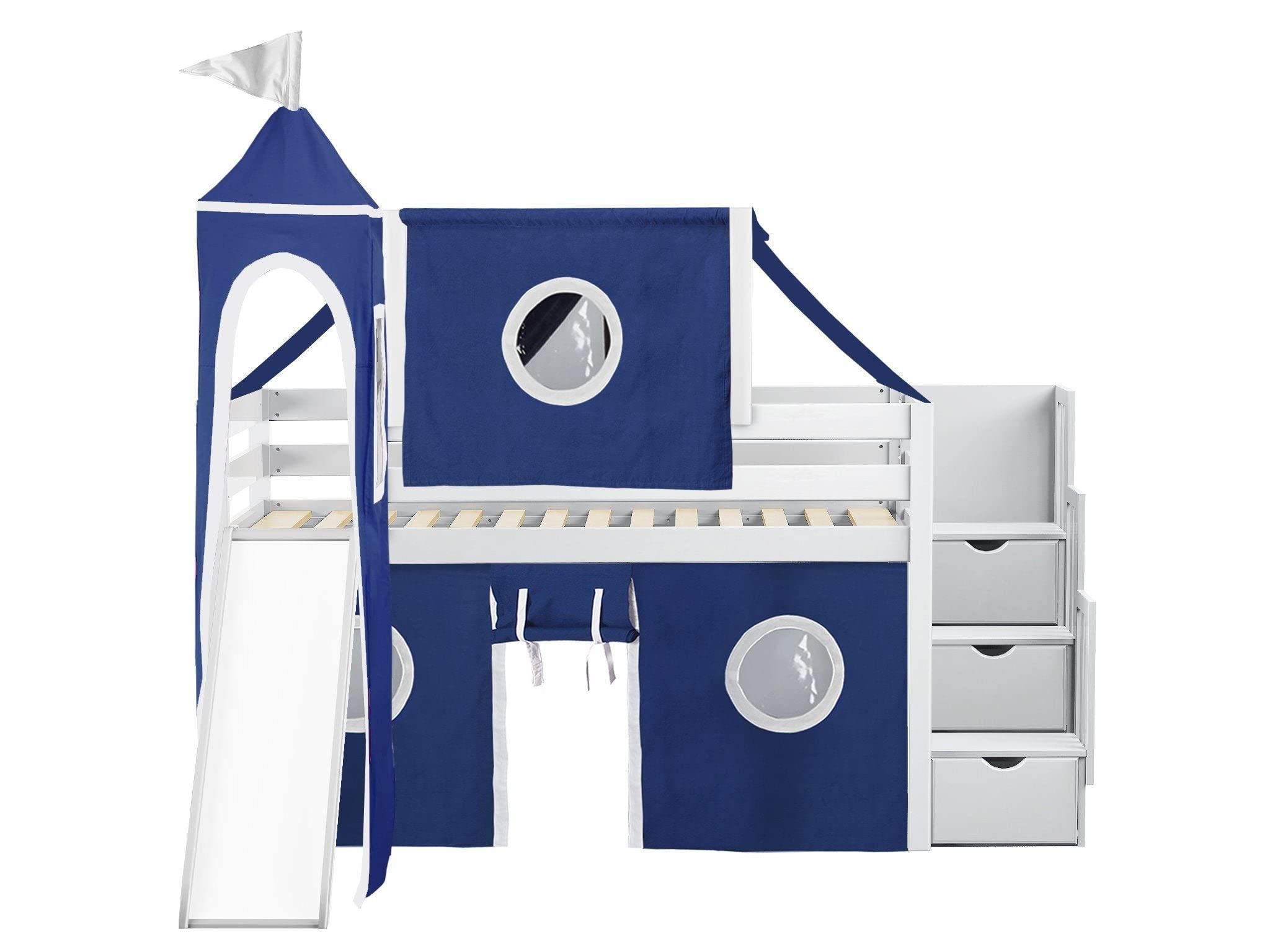 JACKPOT! Castle Themed Low Loft Stairway Bed with Slide - Blue & White Play Tent & Tower - Twin Size Loft Bed in White - Perfect for Kids' Bedroom & Playroom Adventures
