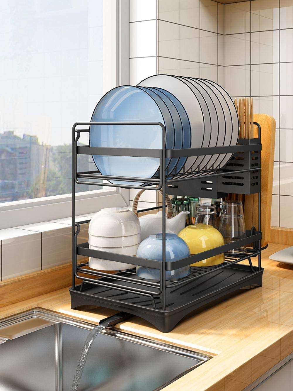 2-Tier Stainless Steel Dish Drying Rack with Drip Tray - 36x24.5x37cm (14x9.6x14.6in) Over Sink Organizer - Space Saving Black Dish Drainer for Plates, Bowls & Cups - Perfect for Kitchen Countertop or Sink Area