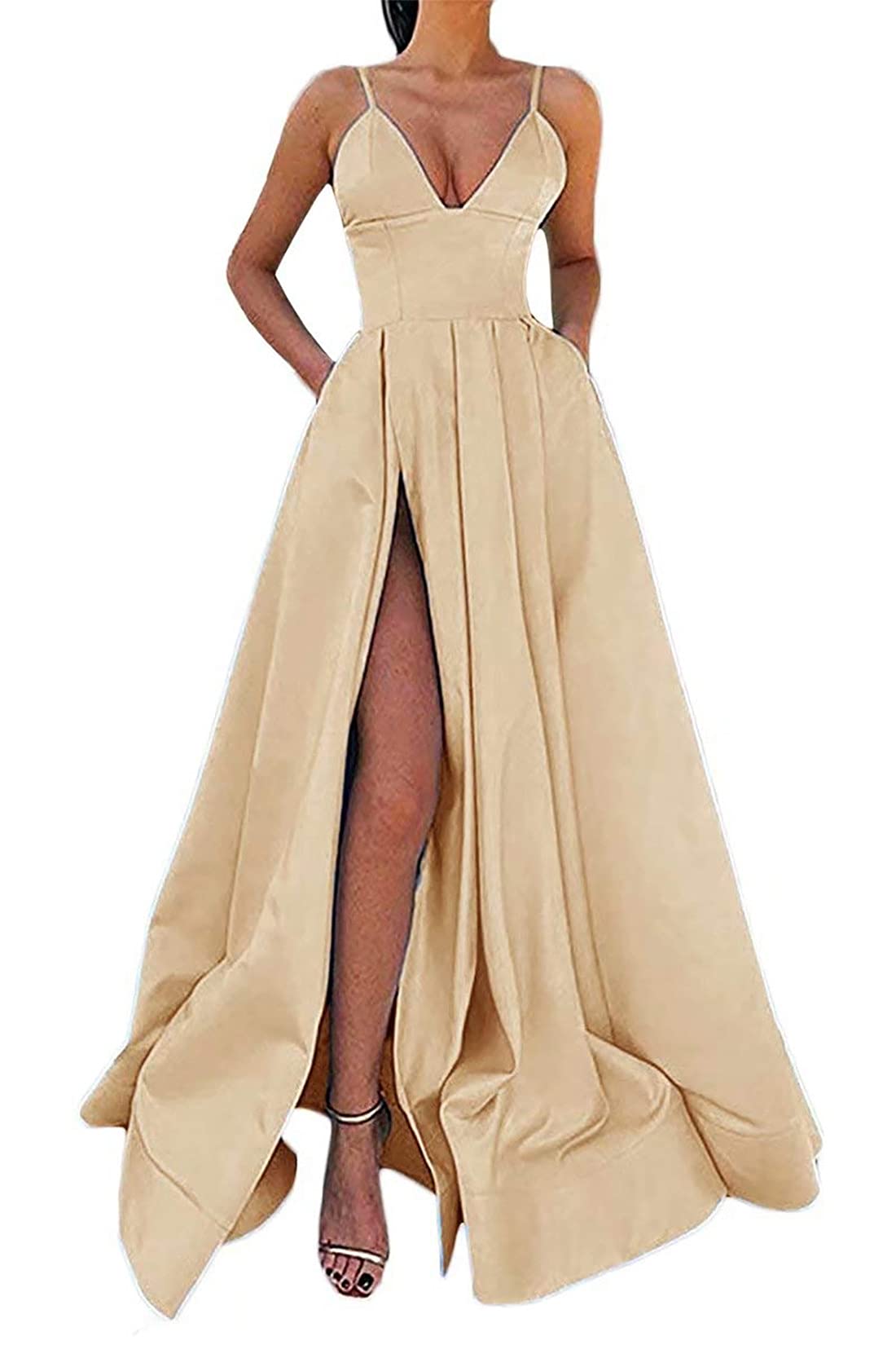 PrettyTatum Women's Prom Dresses - Elegant Ball Gown Long Satin Formal Evening Gown with V-Neck & Sleeveless Design, Pockets Included | Perfect for Homecoming, Quinceañera, Wedding Guest & Special Occasions