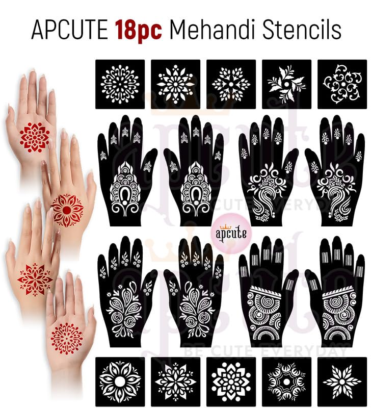 APcute Temporary Henna Tattoo Stickers - Set of 18 Easy Mehndi Designs for Hands | DIY Body Art for Women, Girls & Kids | Simple 4-Step Application | Perfect for Weddings, Festivals & Parties