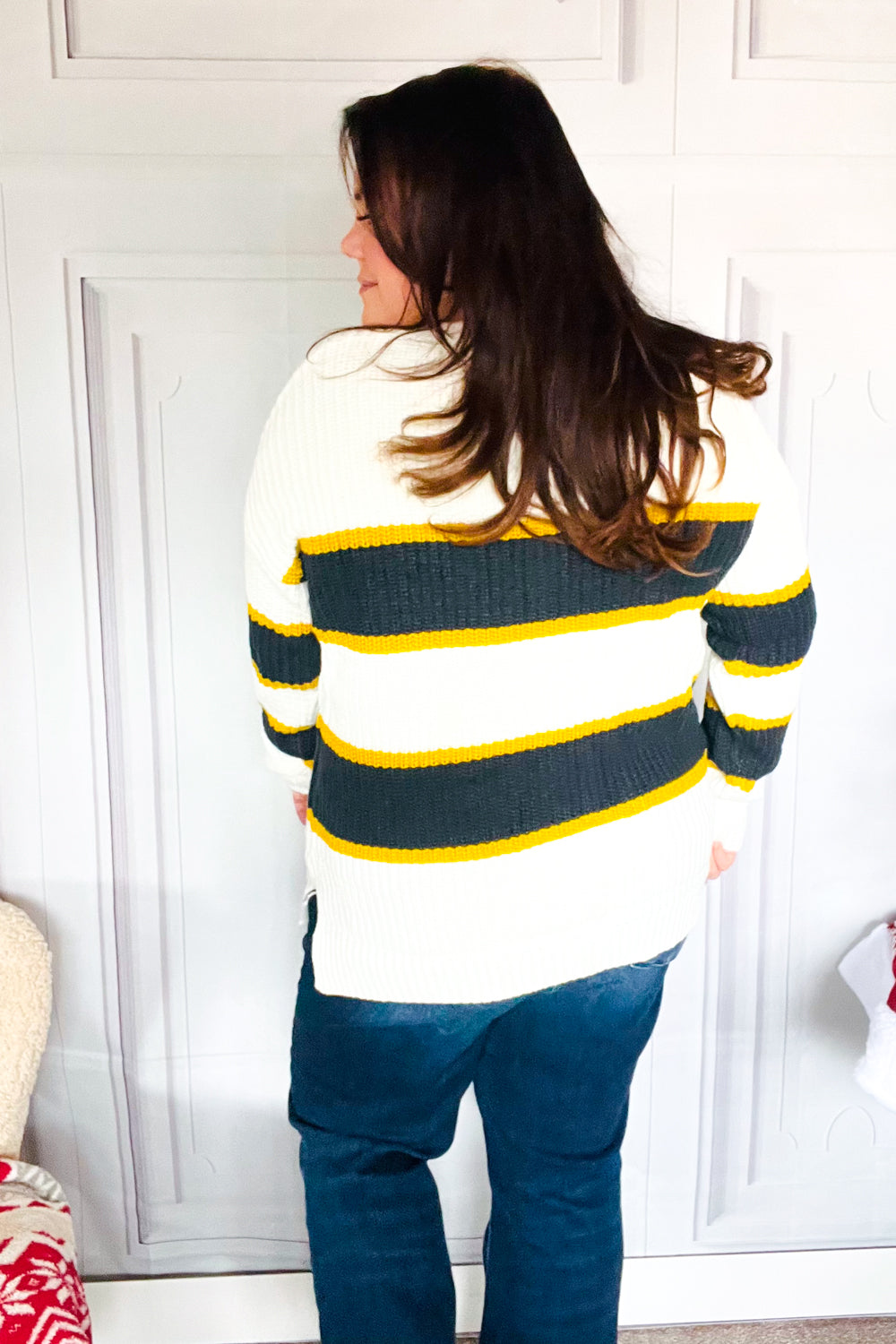 PLUS Casual Chic Yellow & Ivory Stripe Oversized Knit Sweater for Women | Cozy Winter Pullover | Perfect for Office, Date Night & Weekend Outfits