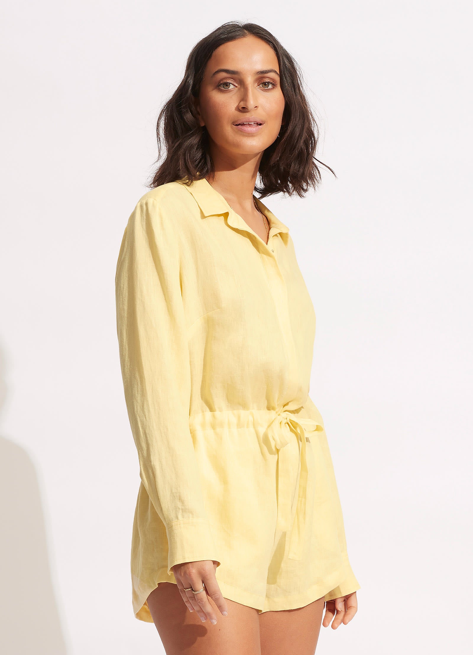 Stylish Linen Playsuit in Lemon Yellow - Perfect for Summer Outings & Beach Vacations