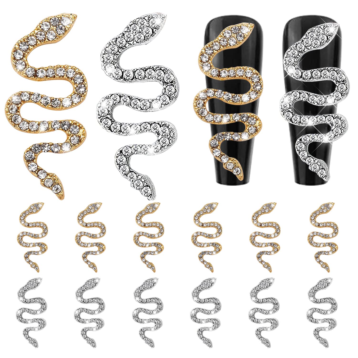 12pcs 3D Snake Nail Charms - Gold & Silver Alloy Nail Rhinestones for Acrylic Nails | Women's Nail Art Decorations | Perfect for Halloween, Gothic, or Party Nail Designs