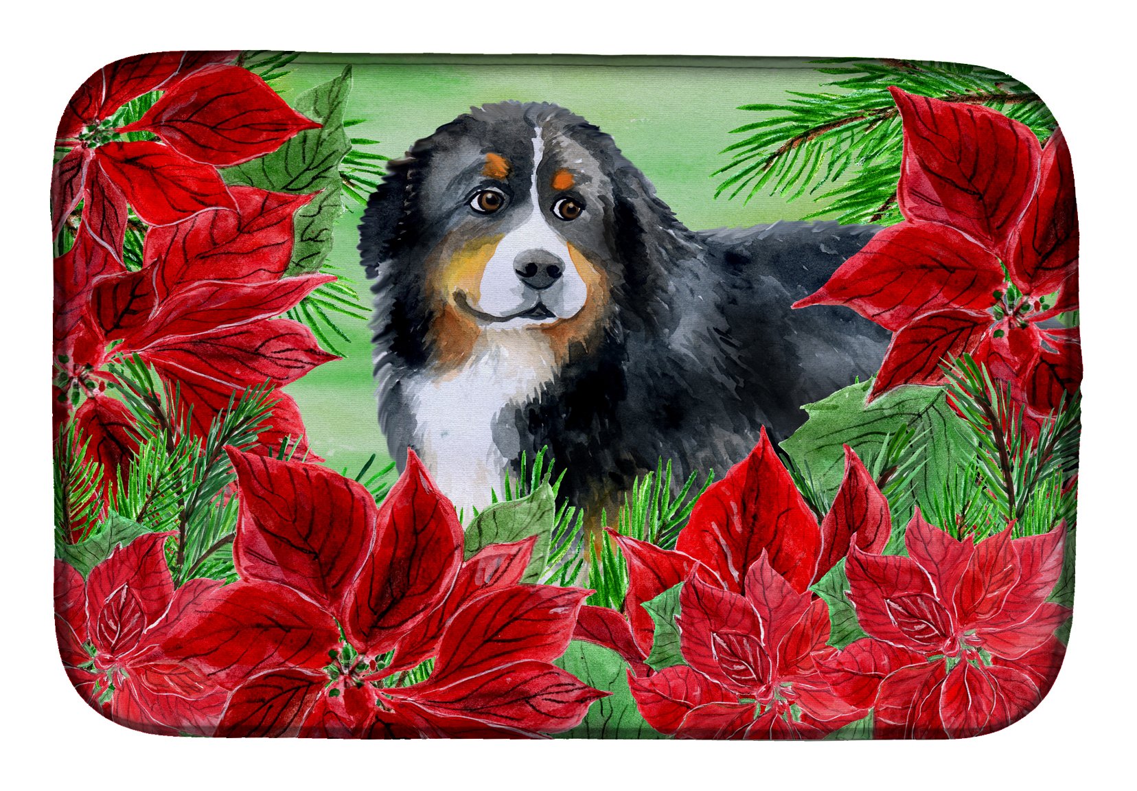 Bernese Mountain Dog Poinsettia Dish Drying Mat - Absorbent Kitchen Counter Mat for Dishes, 14x21 Inch Multicolor - Perfect for Holiday Decor & Countertop Protection