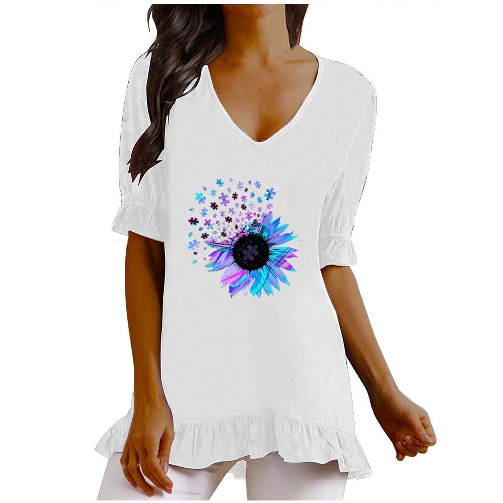 Trendy Women's Summer V-Neck Short Sleeve Graphic T-Shirt - Casual Loose Fit Tunic Top Blouse for Beach, Travel & Everyday Wear