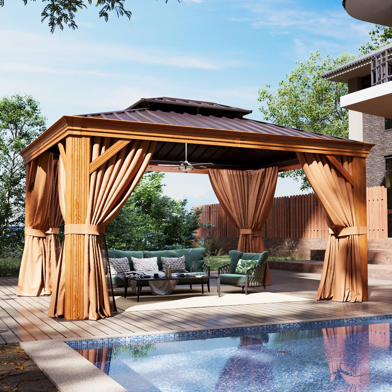 Aoxun 10' x 12' Hardtop Gazebo with Wooden Finish - Aluminum Frame & Galvanized Steel Double Roof - Permanent Outdoor Metal Pavilion with Curtains & Netting - Perfect for Backyard, Patio, Deck, Garden Parties & Outdoor Entertaining