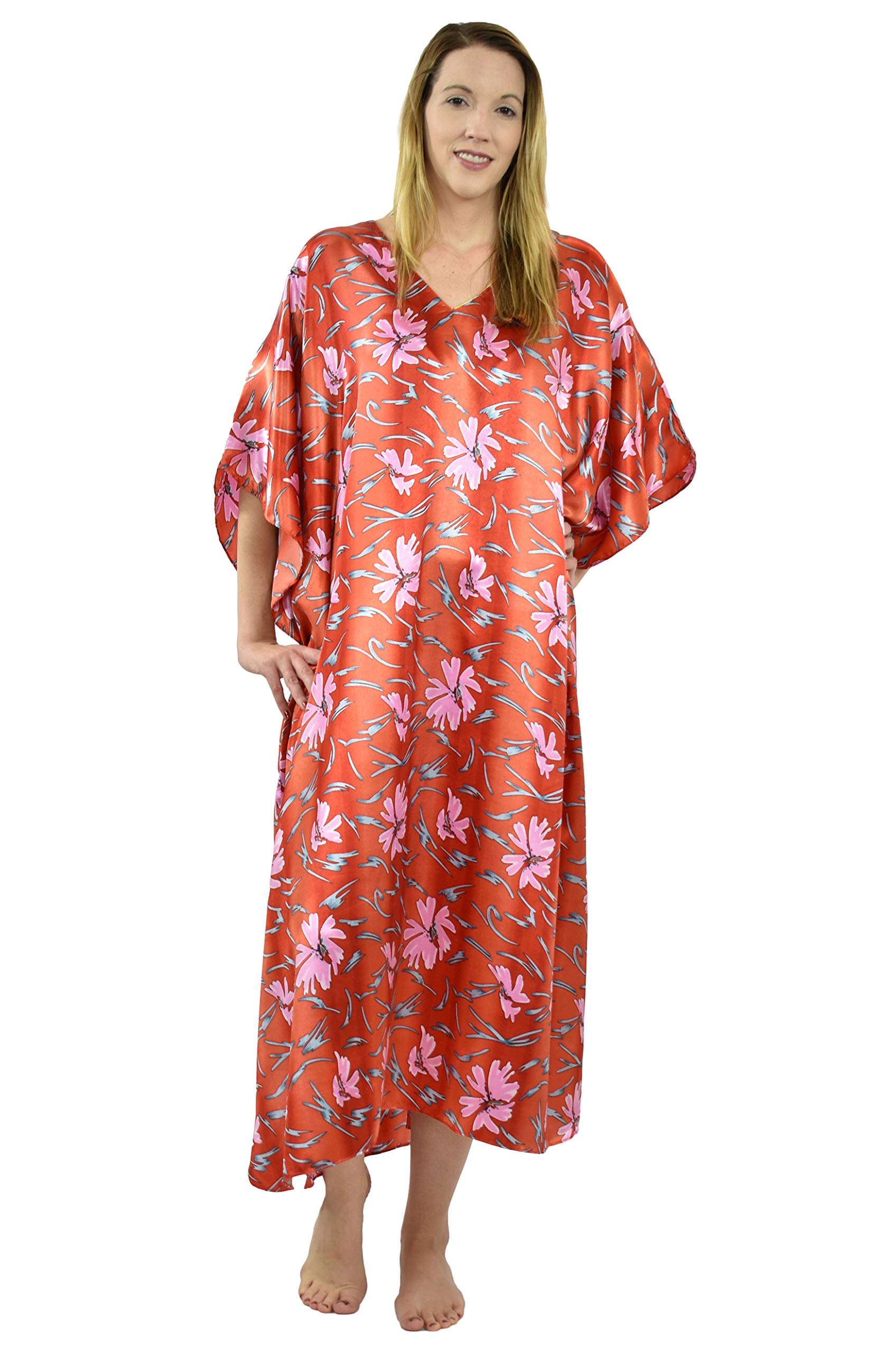 Up2date Women's Satin Caftan Dress - Red Underwater Lilies Print, Elegant Loose Fit Beach Cover Up, Plus Size CAF-46C5 | Perfect for Pool Parties, Vacations & Summer Outfits