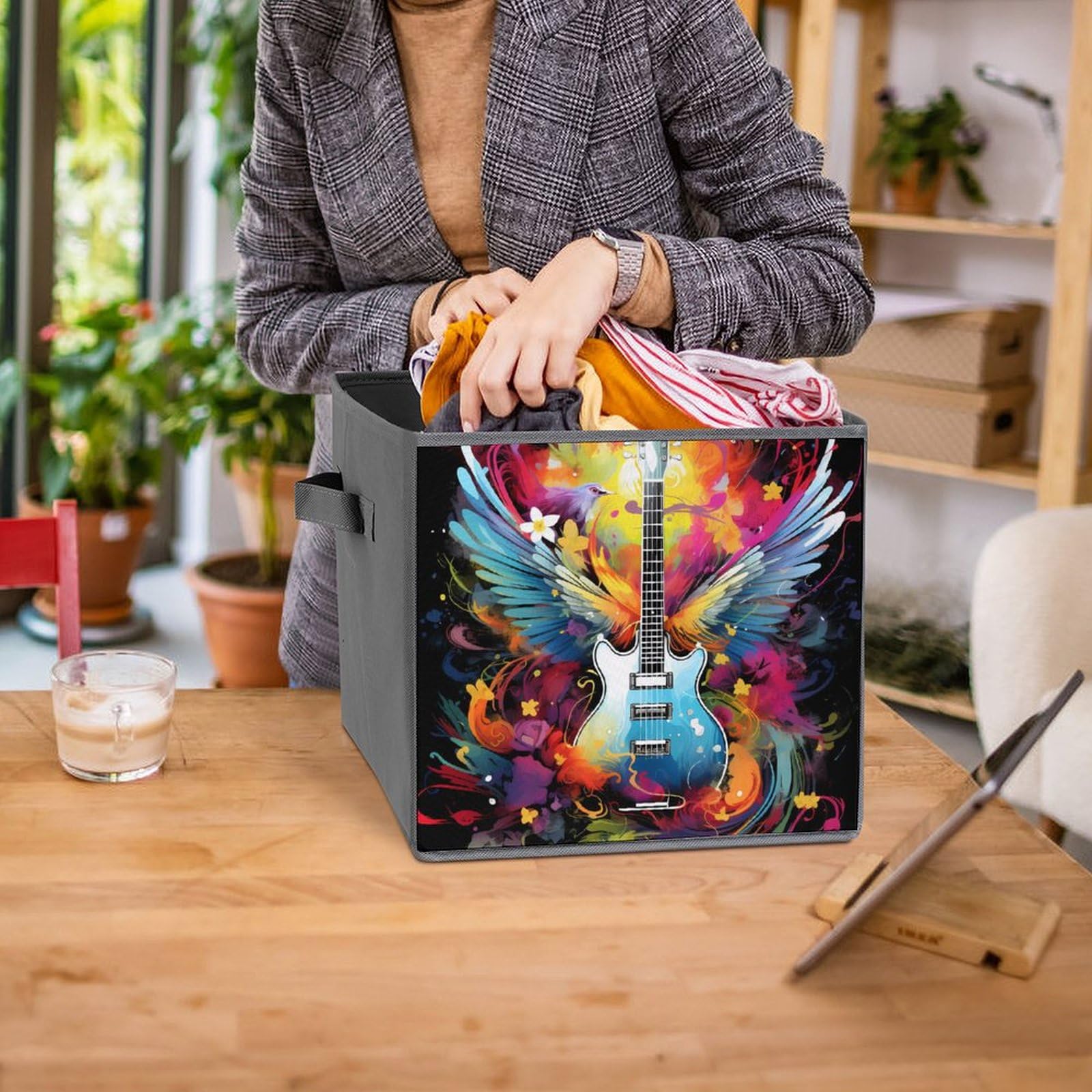 6-Pack Foldable Square Storage Bins with Handles - Watercolor Guitar & Wings Design Fabric Storage Cubes & Organizers | Perfect for Closet, Nursery, Office & Home Organization