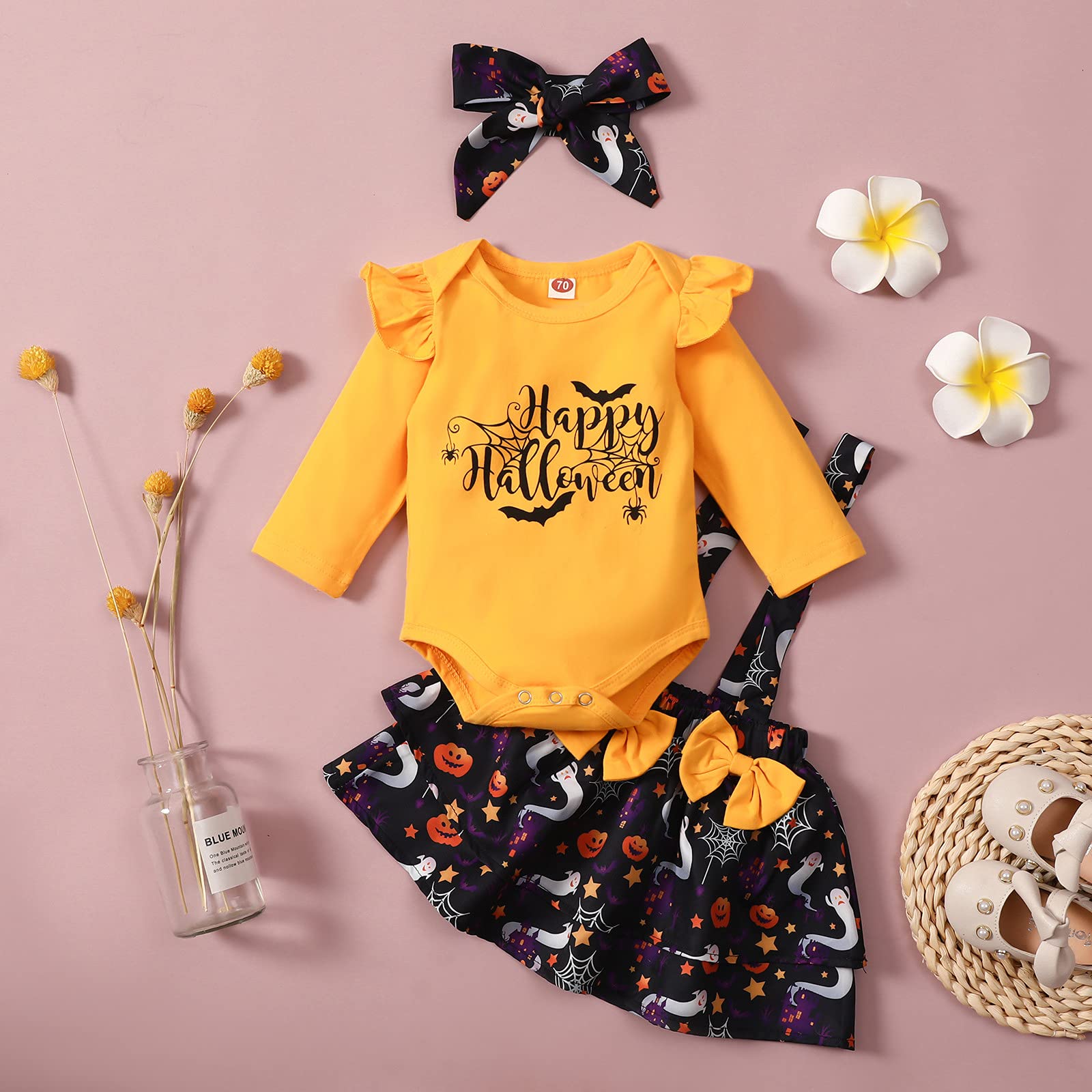 Adorable Infant Baby Girl Summer Outfits - Long Sleeve Romper Bodysuit with Suspender for Halloween & Everyday Wear (Yellow, 12-18 Months) - Perfect for Playdates, Photo Shoots & Special Occasions