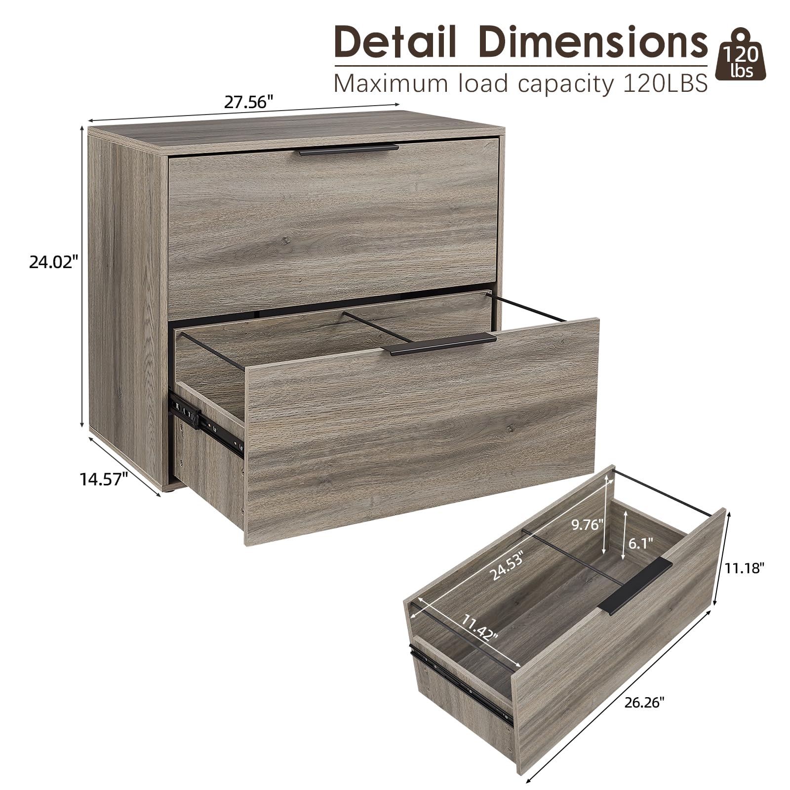 2-Drawer Wooden Lateral File Cabinet for Home Office - Farmhouse Style with Hanging Bars for Letters/Legal (Grey) - Perfect for Organizing Documents in Small Spaces & Home Offices