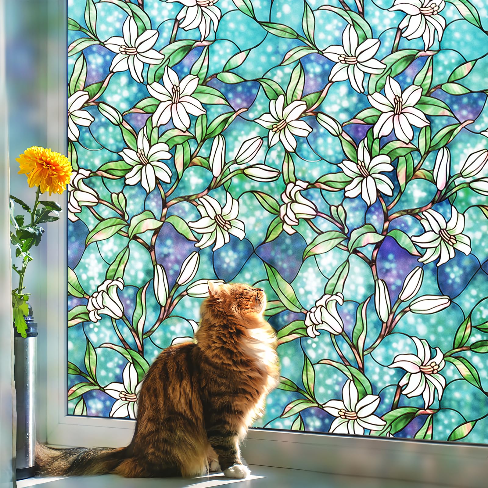 Coavas Frosted Stained Glass Privacy Window Film - Non-Adhesive Vinyl Window Tint for Bathroom & Home (23.6