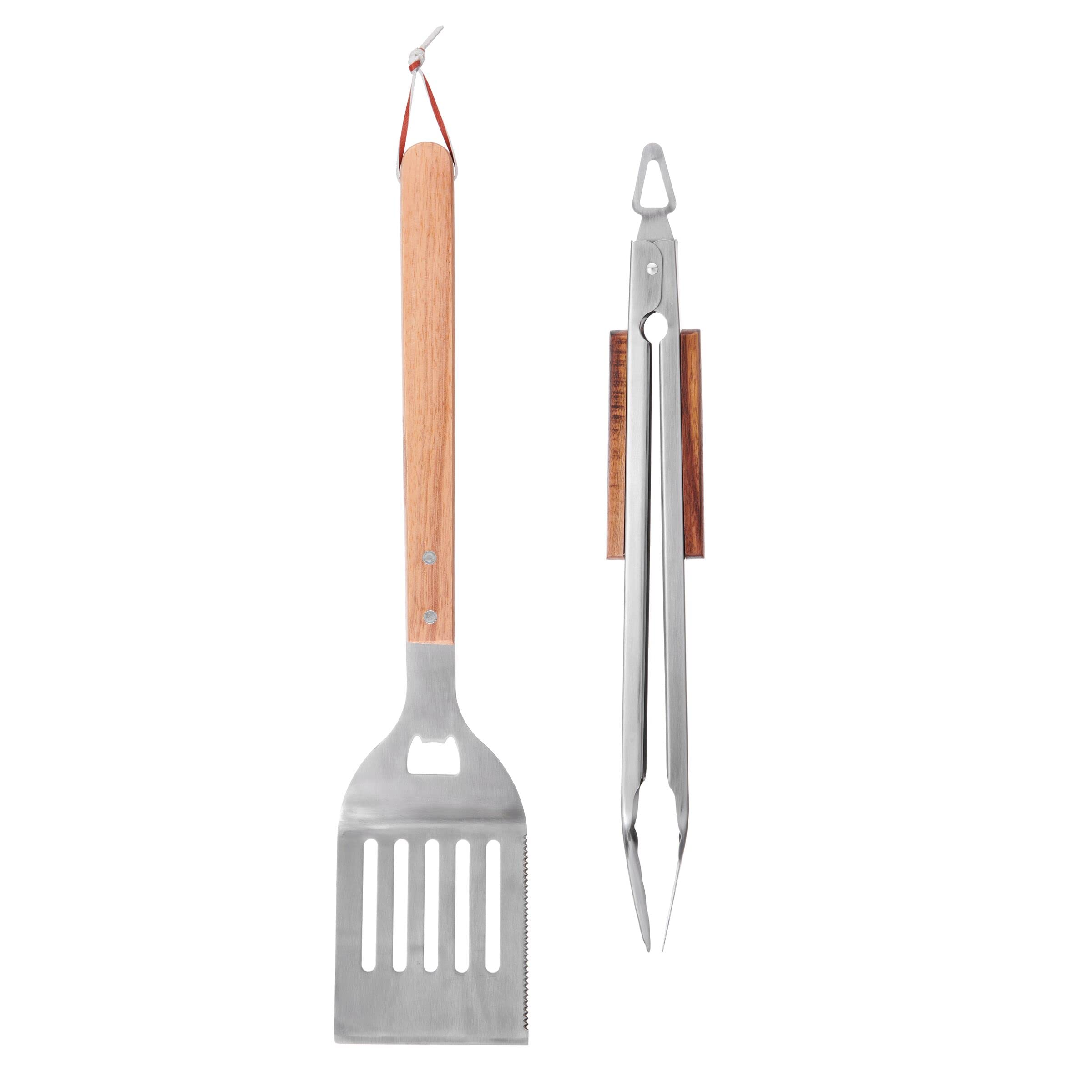 Farberware BBQ Wooden Grill Tools Set of 2 - Premium Wood Handle & Stainless Steel - Perfect for Outdoor Grilling, Backyard BBQ & Camping Cooking